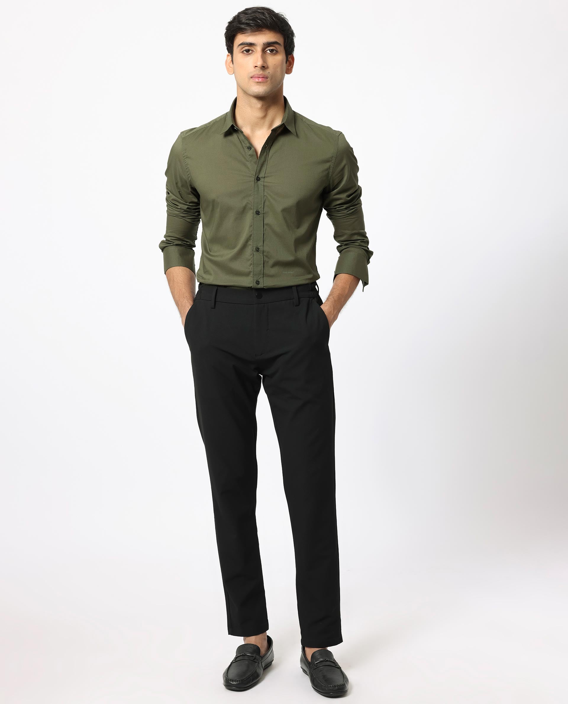 Rare Rabbit Men's Flees Olive Cotton Fabric Full Sleeves Solid Shirt