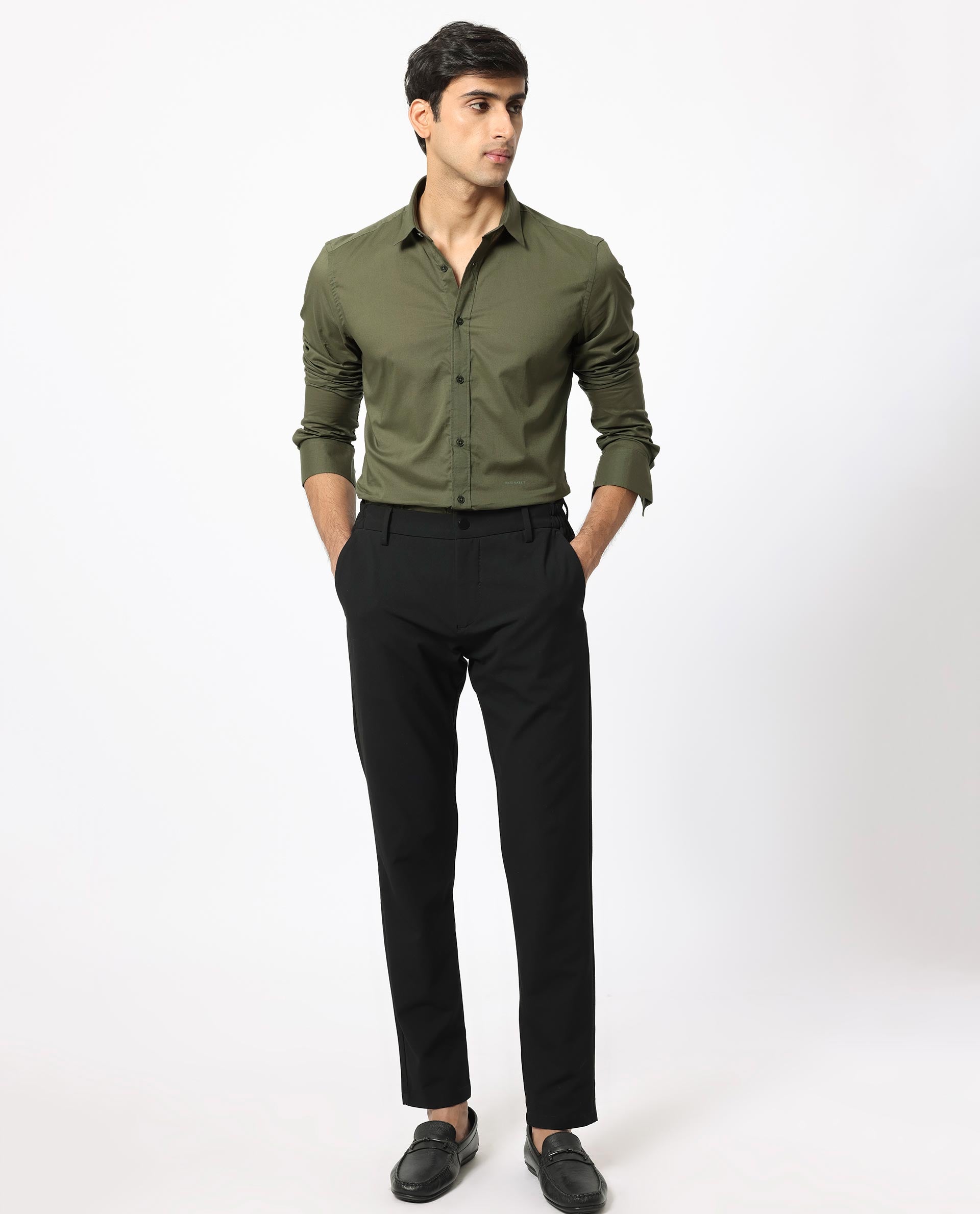 Rare Rabbit Men's Flees Olive Cotton Fabric Full Sleeves Solid Shirt