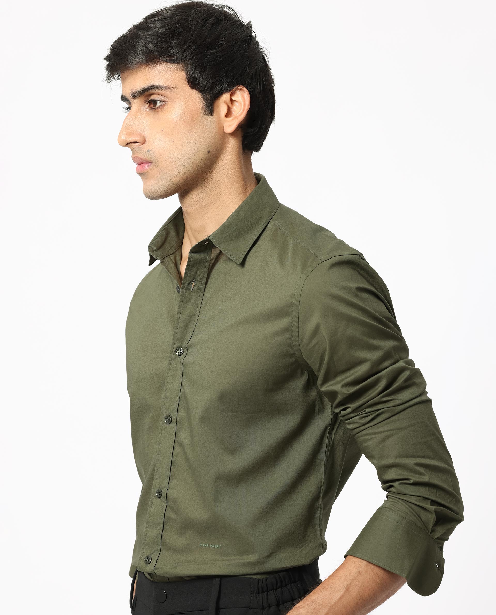 Rare Rabbit Men's Flees Olive Cotton Fabric Full Sleeves Solid Shirt