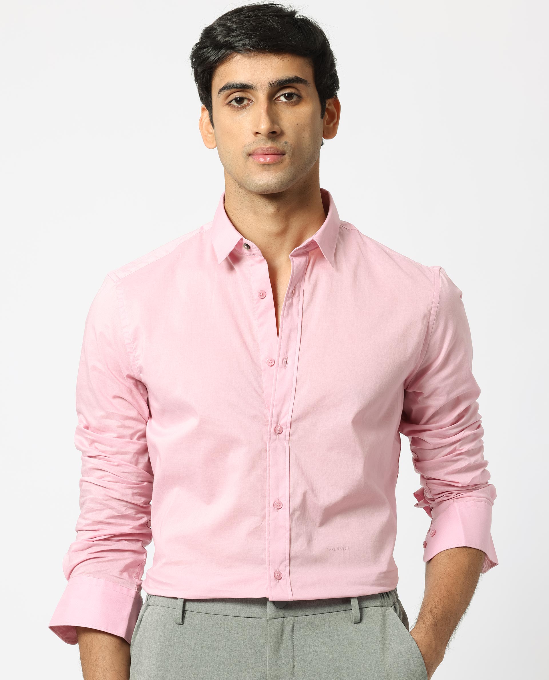 Rare Rabbit Men's Flees Pink Cotton Fabric Full Sleeves Solid Shirt