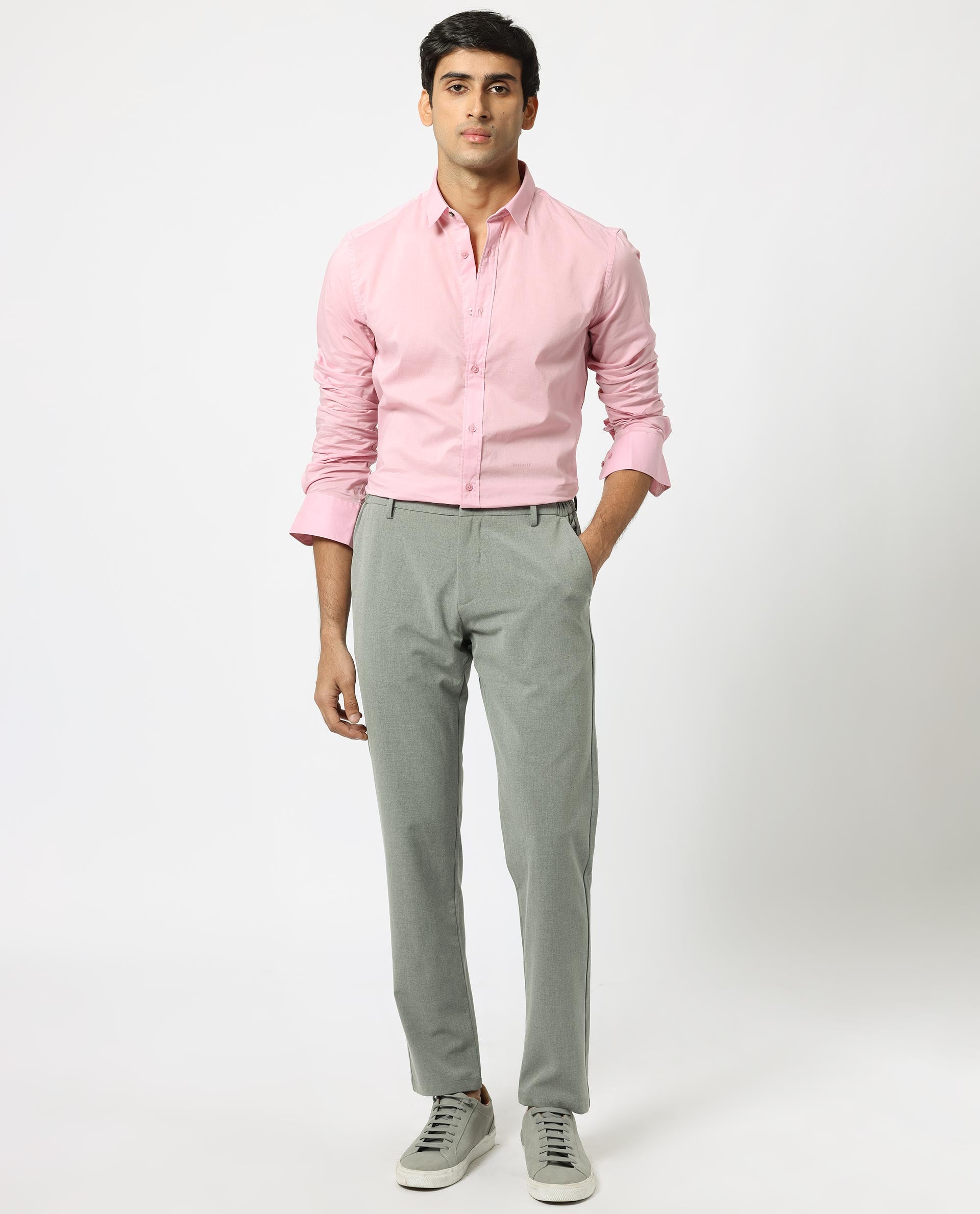 Rare Rabbit Men's Flees Pink Cotton Fabric Full Sleeves Solid Shirt