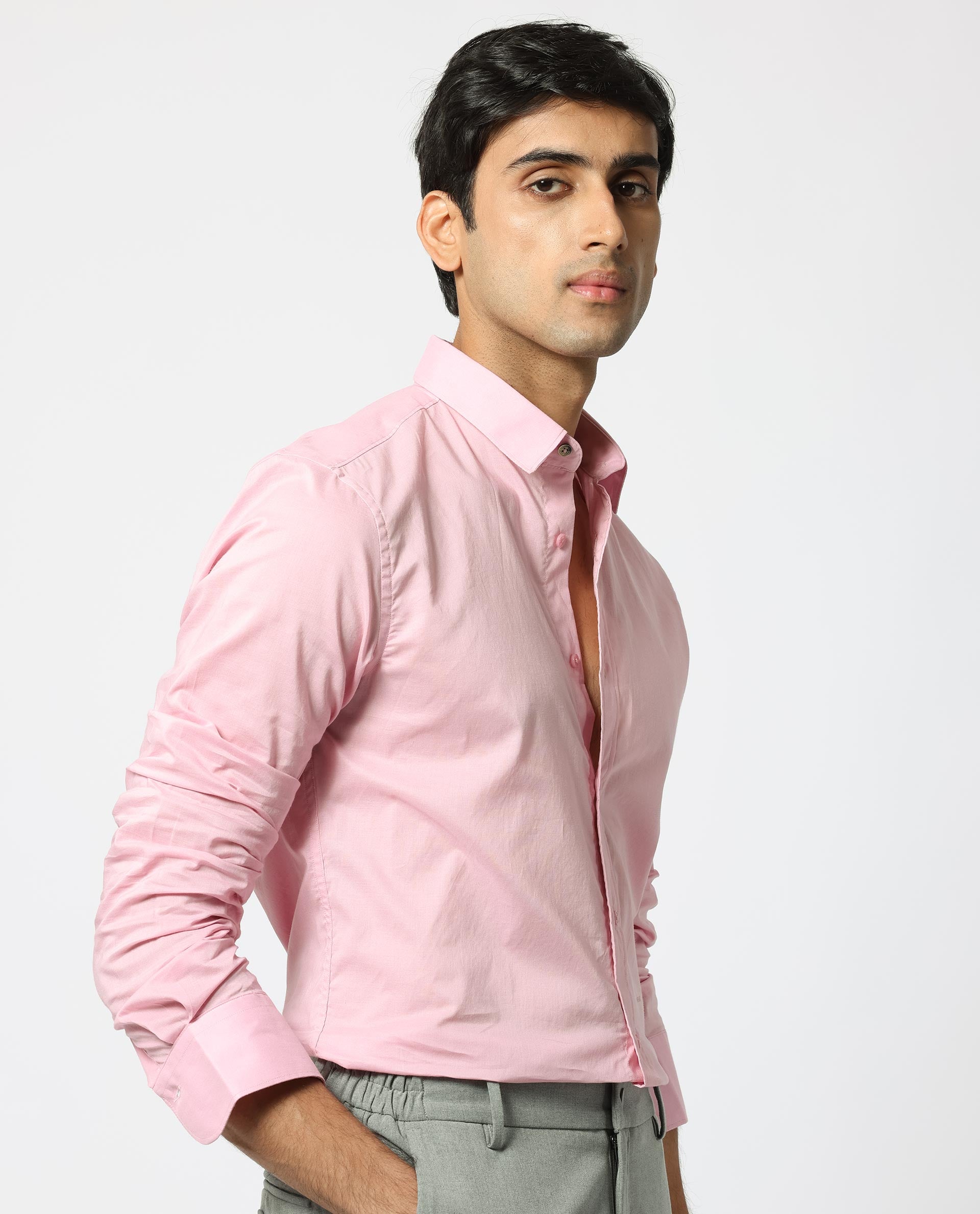 Rare Rabbit Men's Flees Pink Cotton Fabric Full Sleeves Solid Shirt