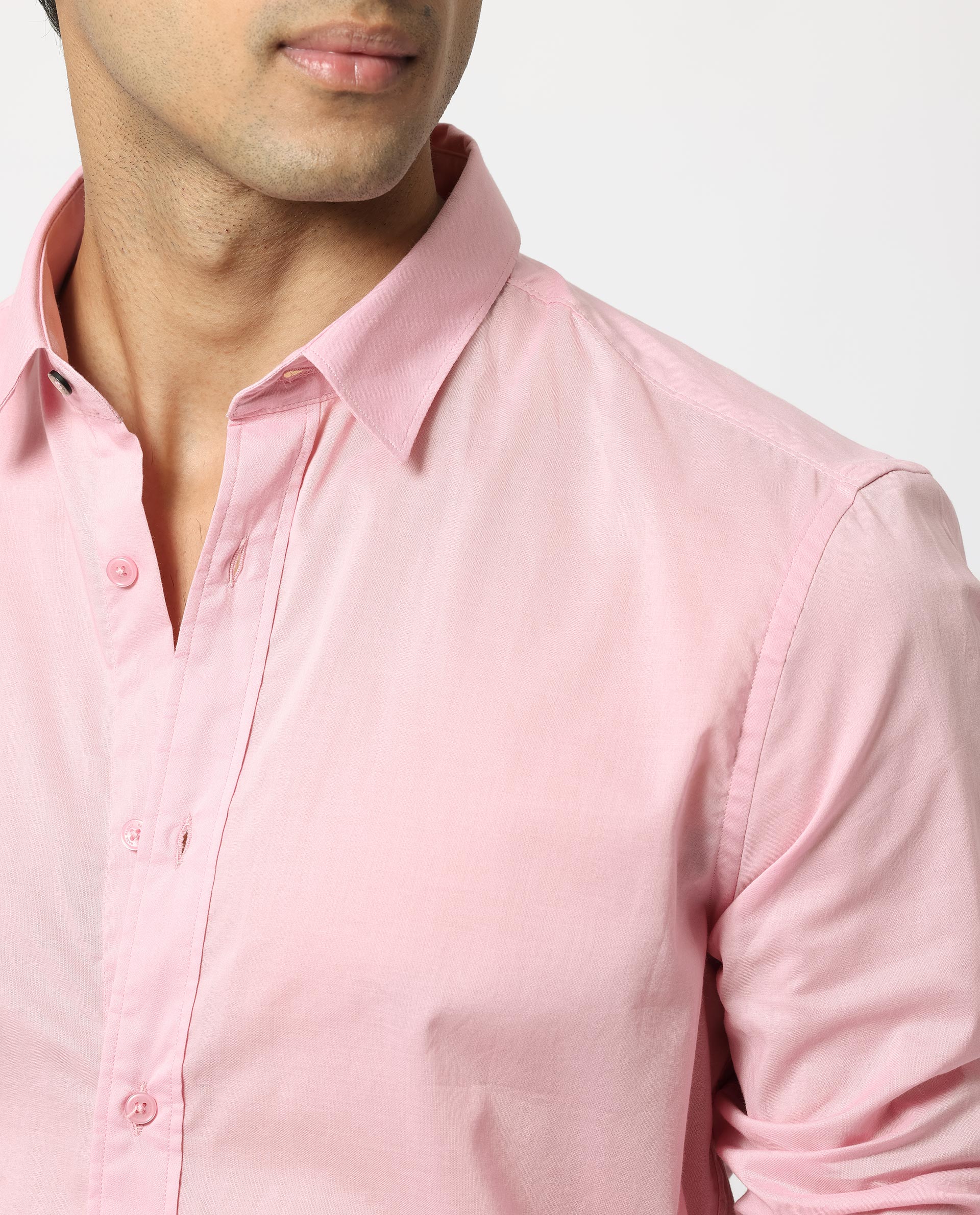 Rare Rabbit Men's Flees Pink Cotton Fabric Full Sleeves Solid Shirt