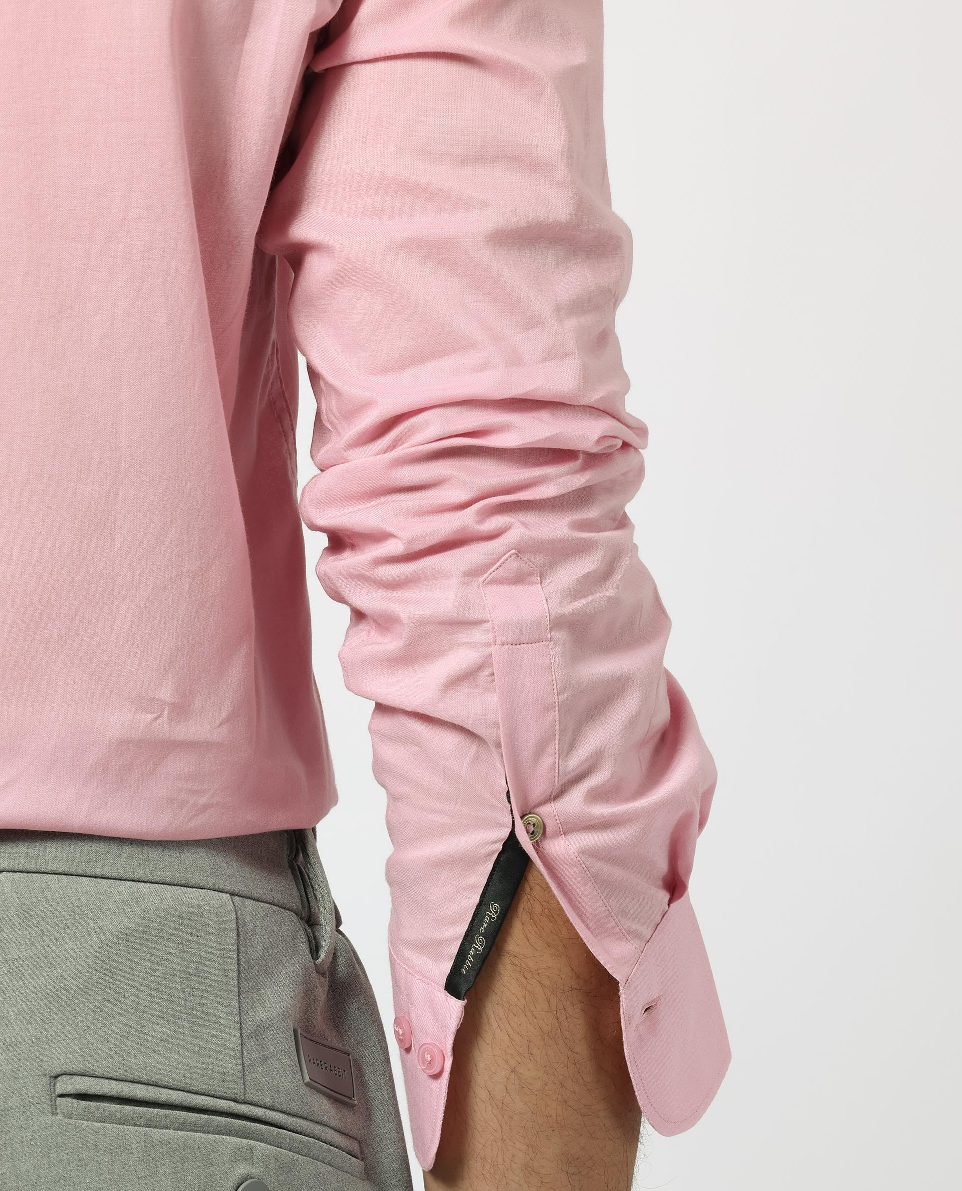 Rare Rabbit Men's Flees Pink Cotton Fabric Full Sleeves Solid Shirt