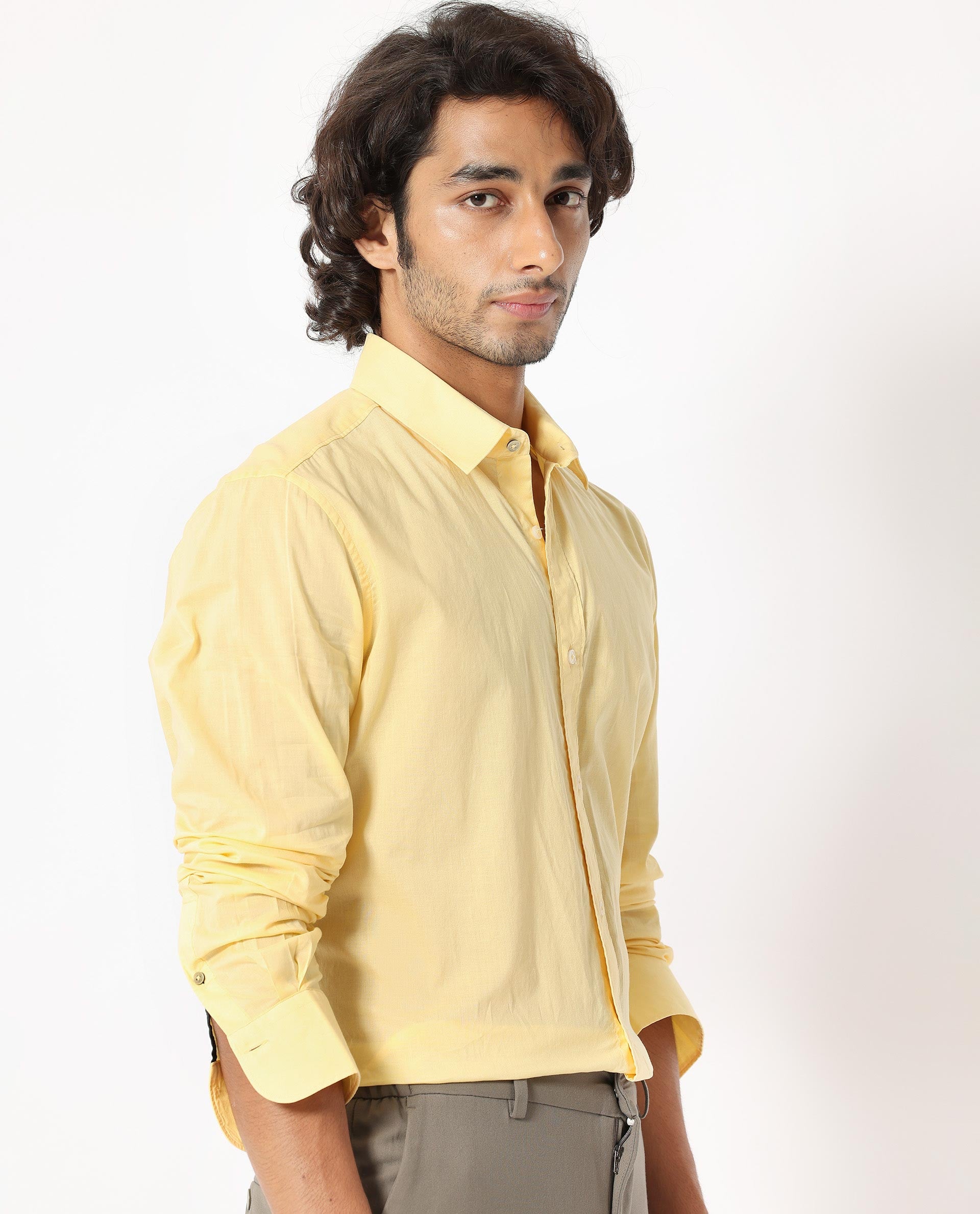 Rare Rabbit Men's Flees Yellow Cotton Fabric Full Sleeves Solid Shirt