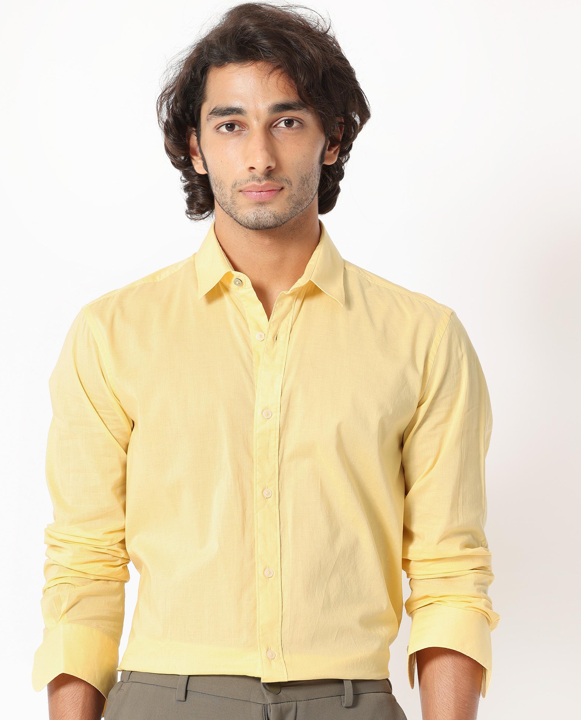 Rare Rabbit Men's Flees Yellow Cotton Fabric Full Sleeves Solid Shirt