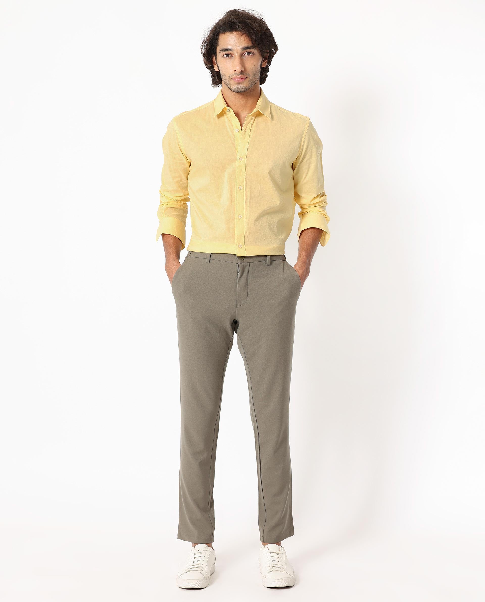 Rare Rabbit Men's Flees Yellow Cotton Fabric Full Sleeves Solid Shirt