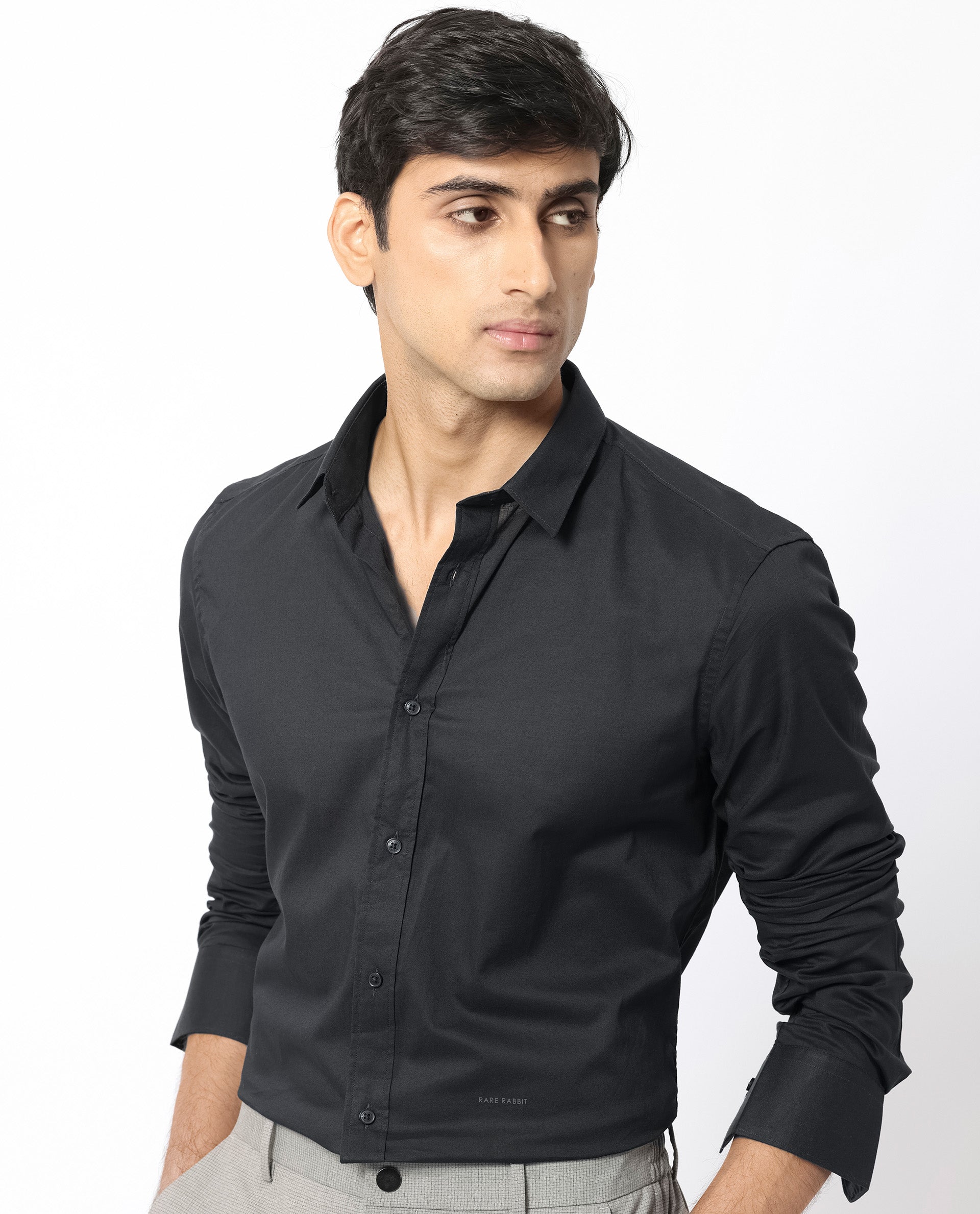 Rare Rabbit Men's Flees Black Cotton Fabric Full Sleeves Solid Shirt