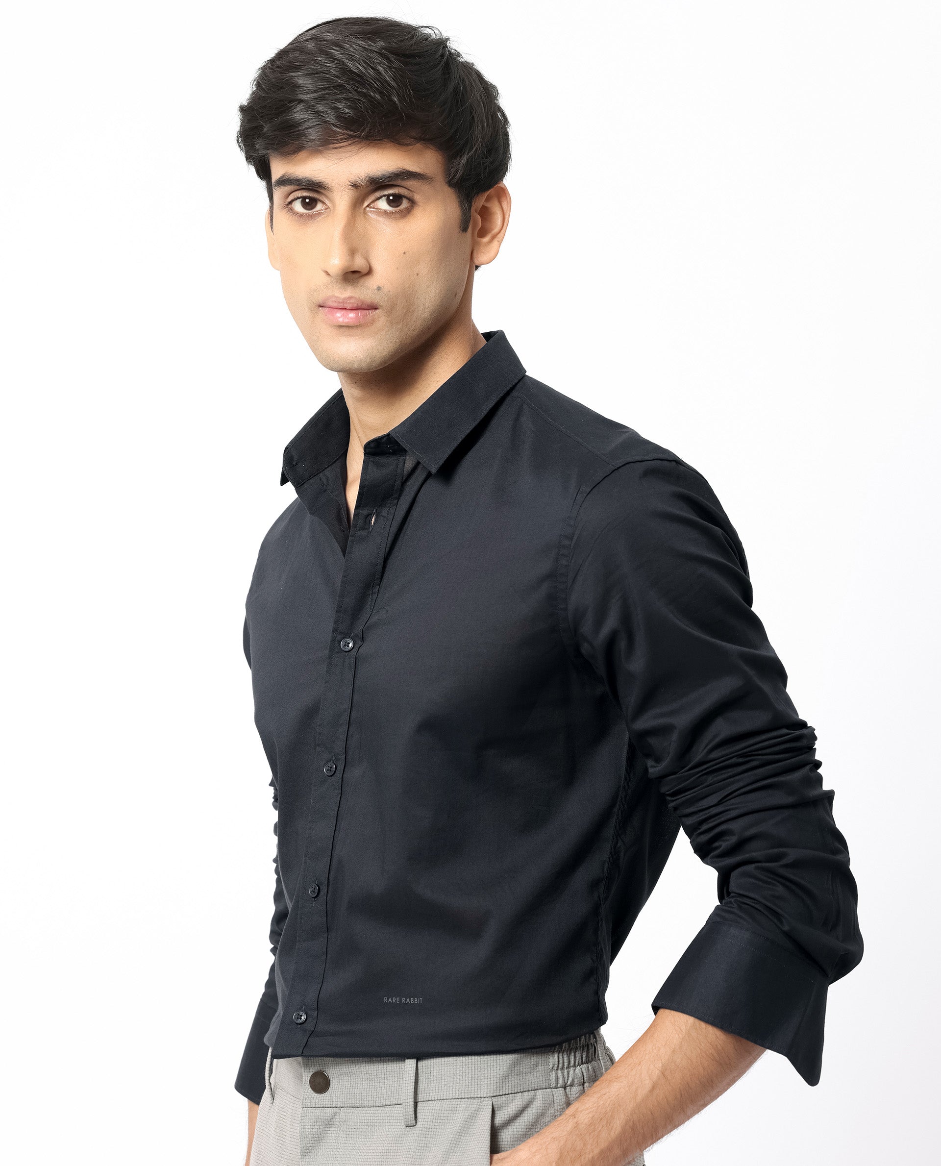 Rare Rabbit Men's Flees Black Cotton Fabric Full Sleeves Solid Shirt