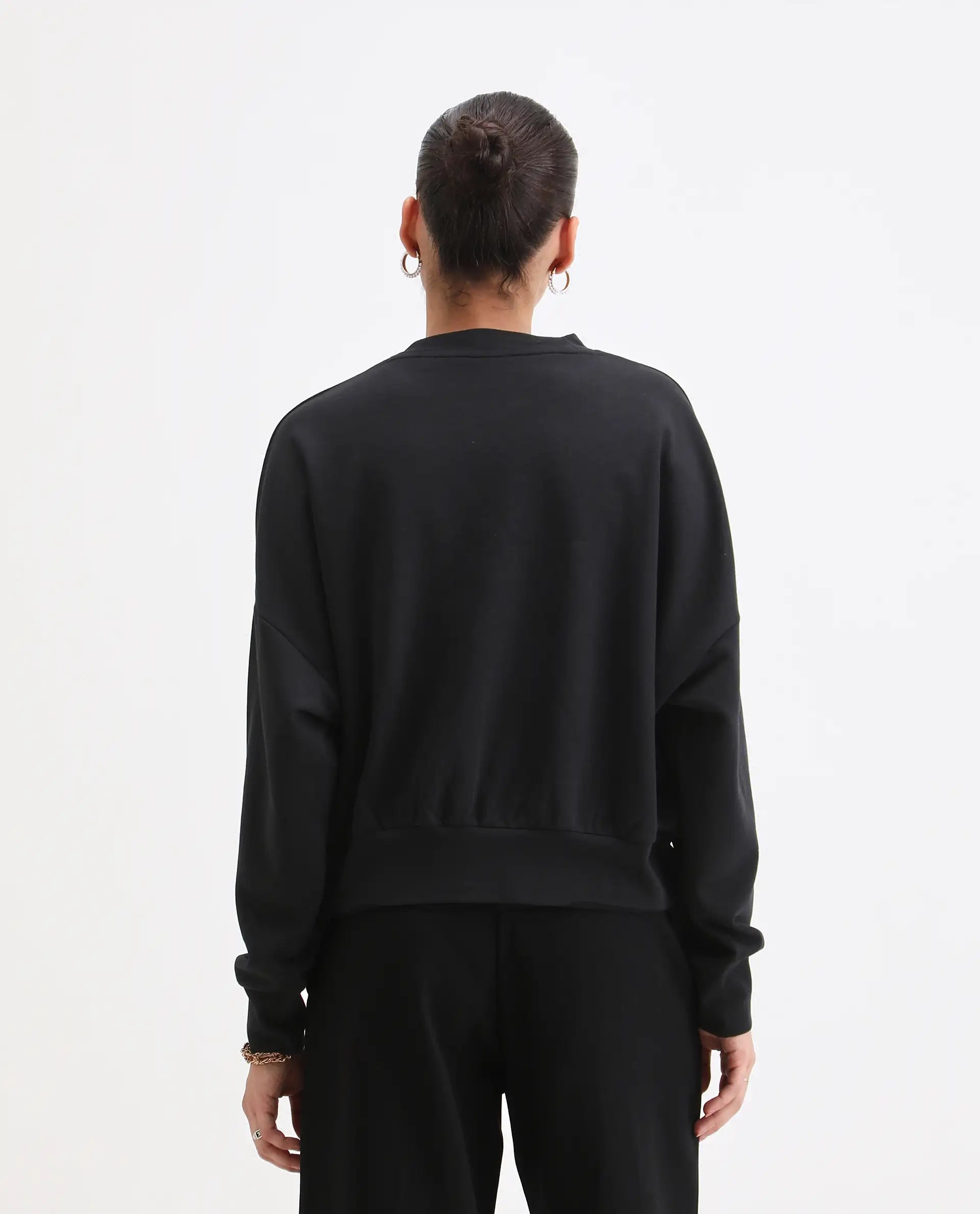 Rareism Women's Flen Black Cotton Blend Crew Neck Oversize Fit Graphic Print Sweatshirt