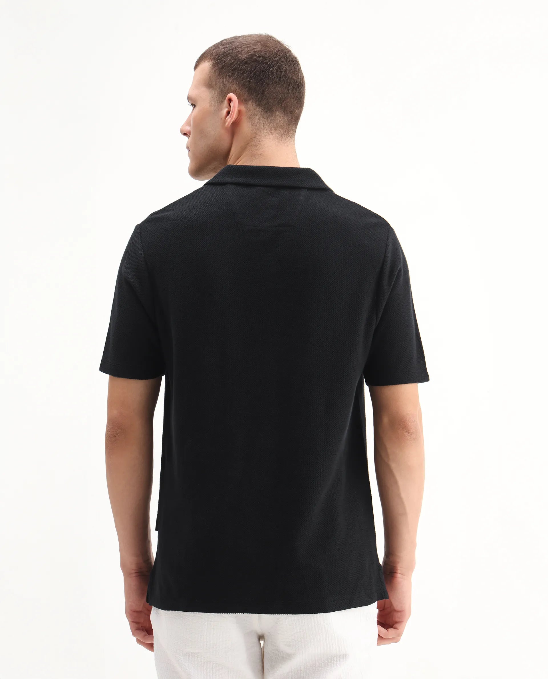 Rare Rabbit Men's Flen Black Cotton Plain Regular Fit Half Sleeve Polo