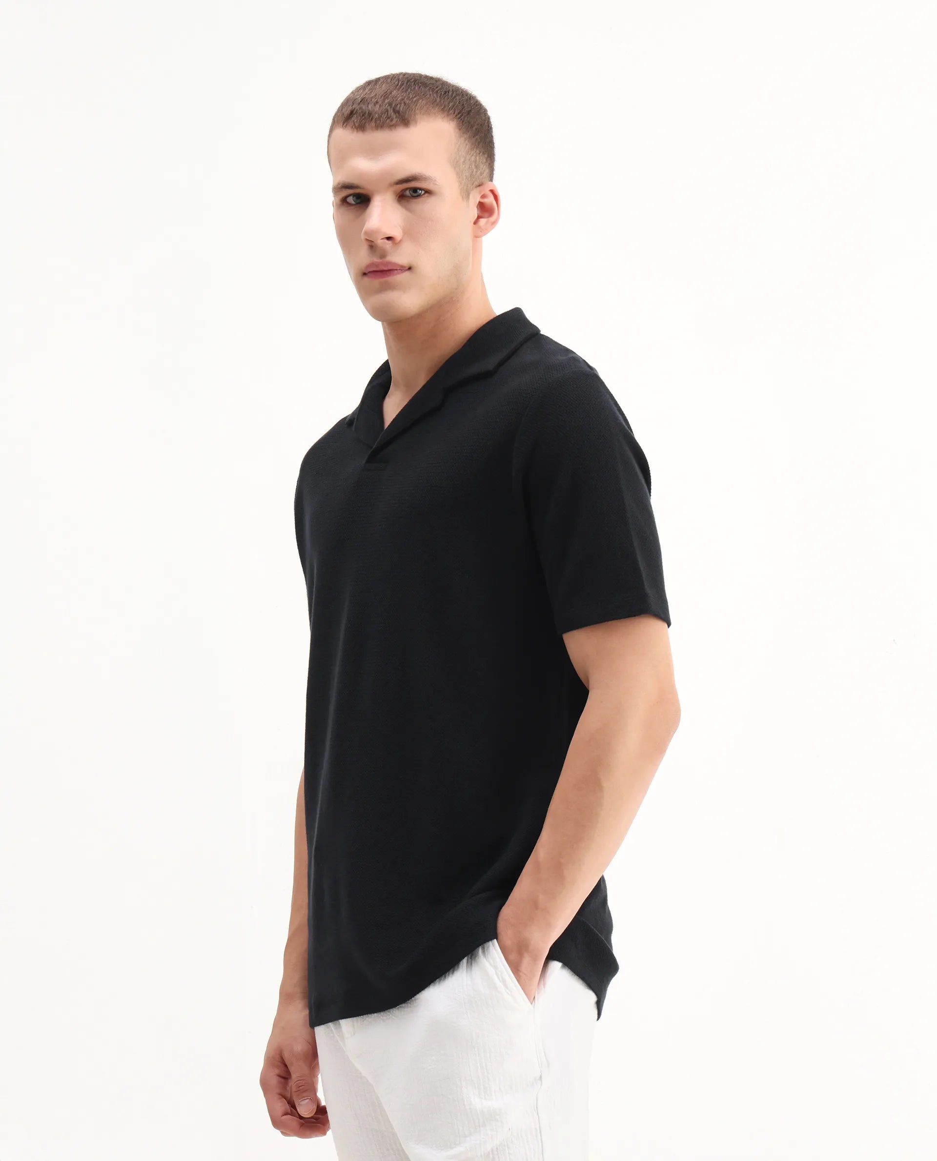 Rare Rabbit Men's Flen Black Cotton Plain Regular Fit Half Sleeve Polo