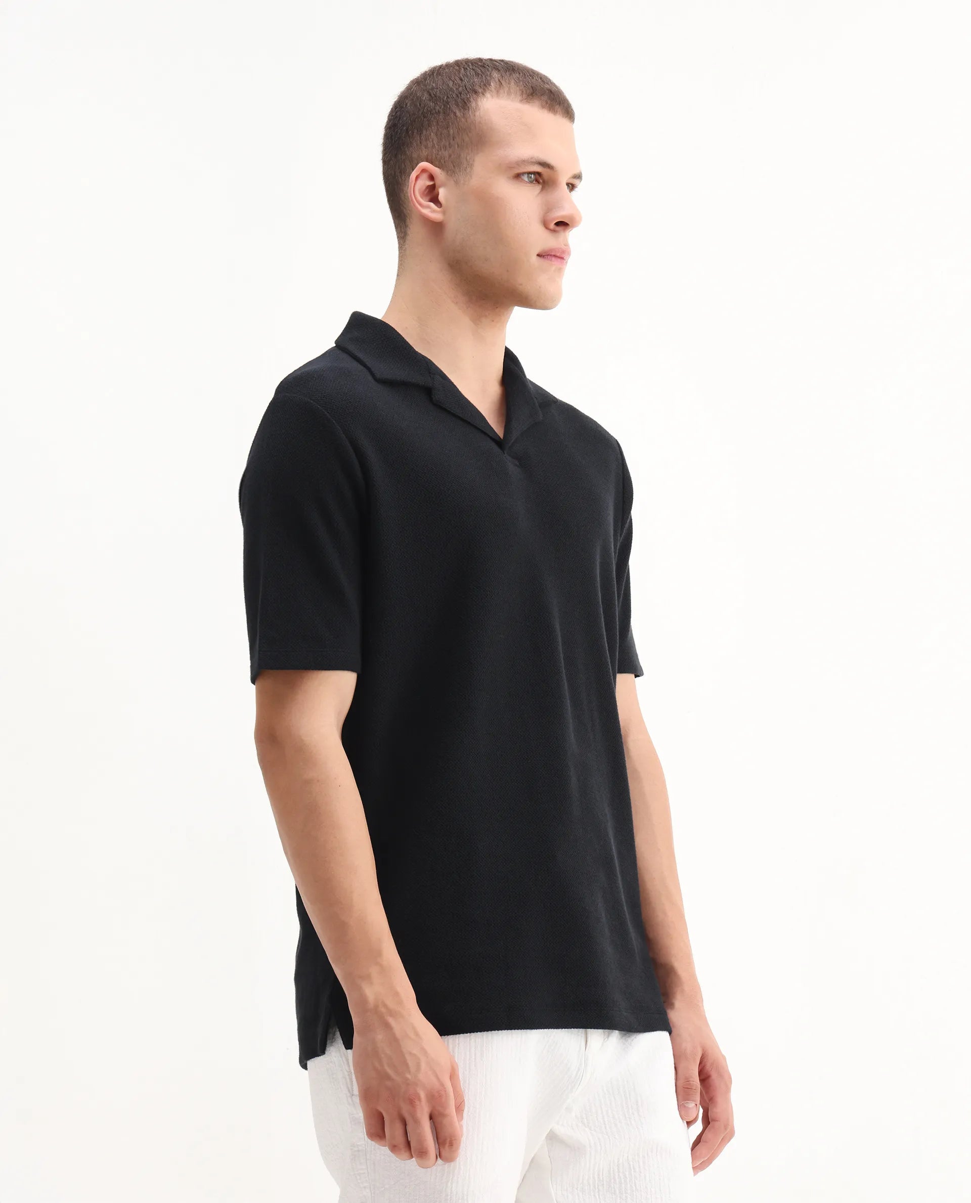 Rare Rabbit Men's Flen Black Cotton Plain Regular Fit Half Sleeve Polo