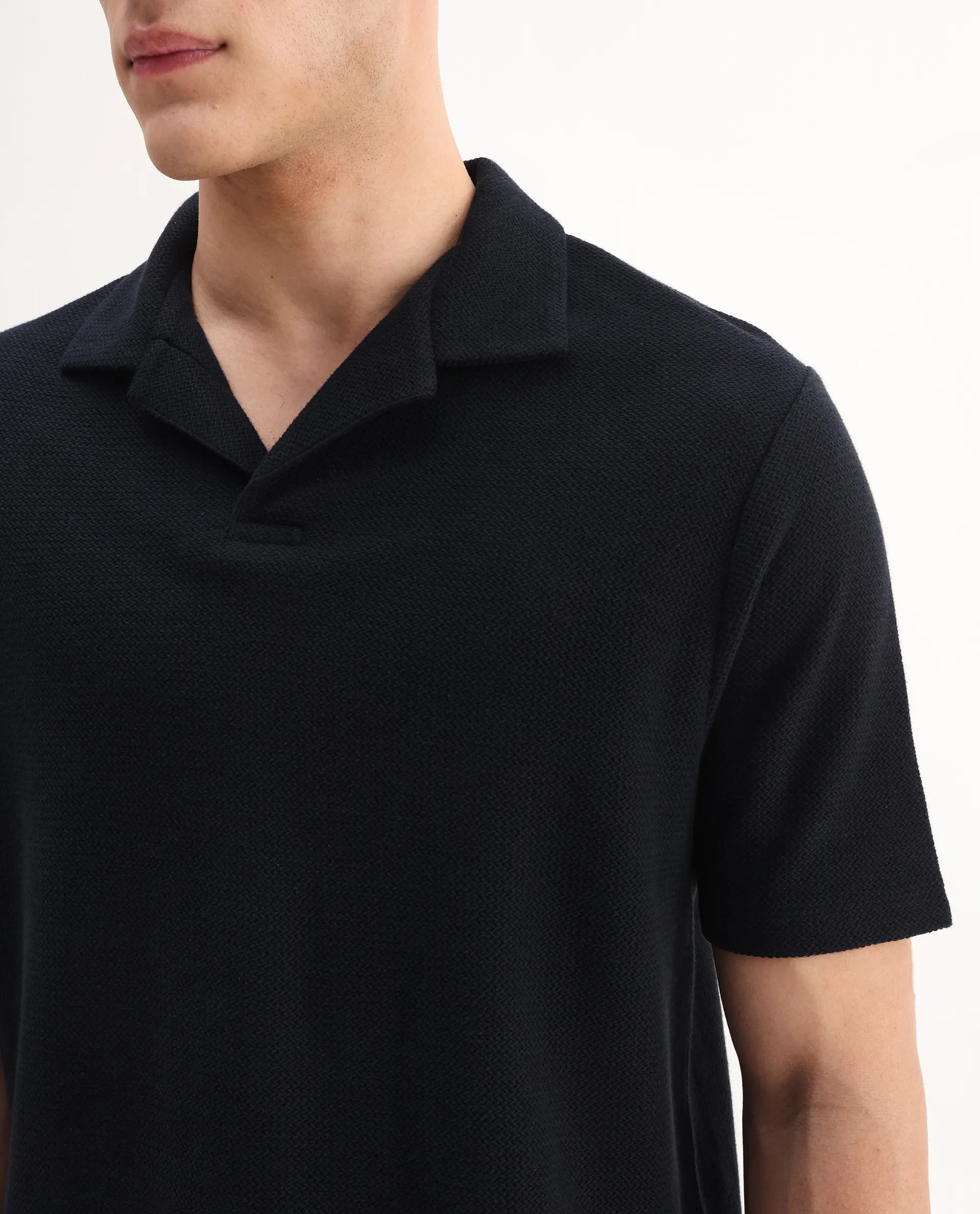 Rare Rabbit Men's Flen Black Cotton Plain Regular Fit Half Sleeve Polo