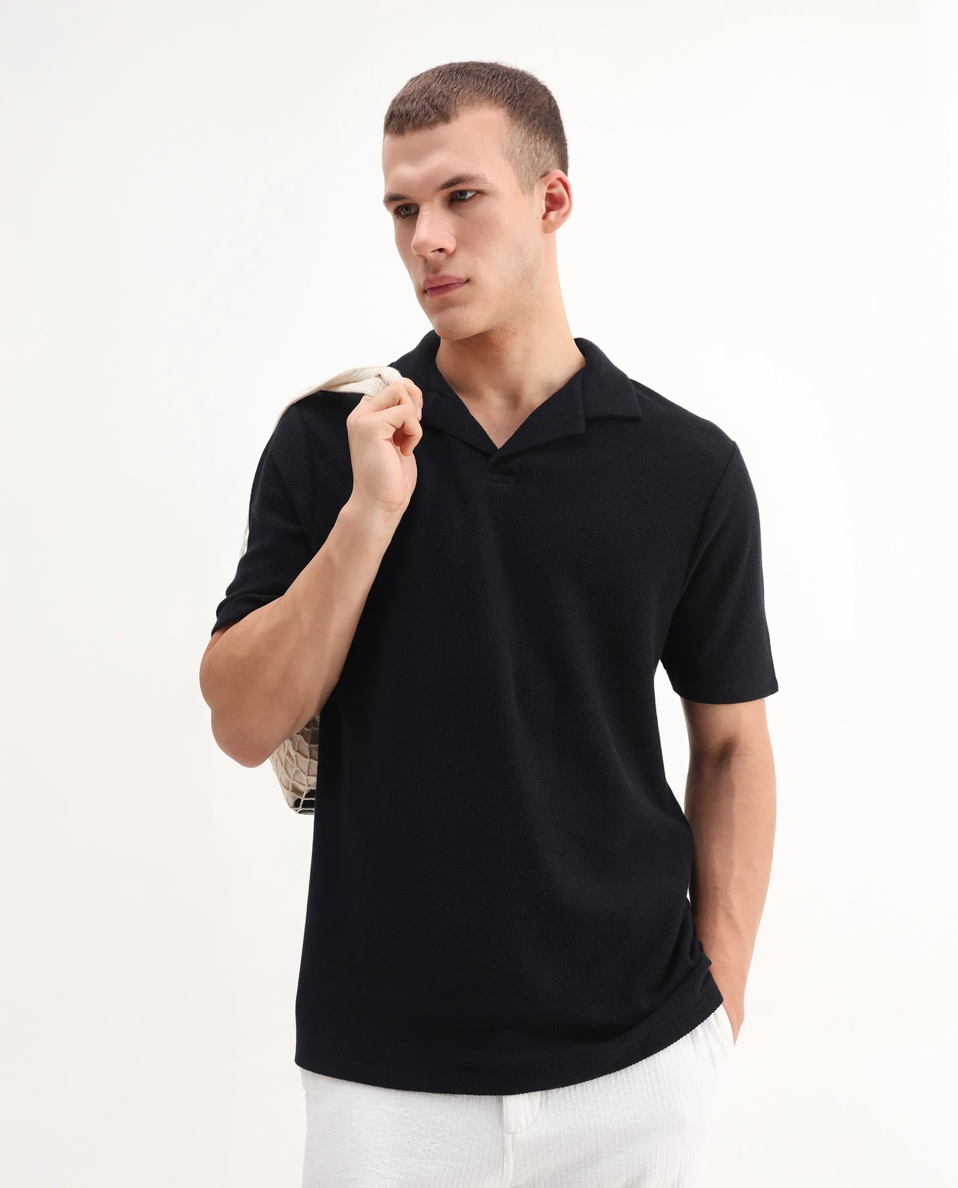 Rare Rabbit Men's Flen Black Cotton Plain Regular Fit Half Sleeve Polo