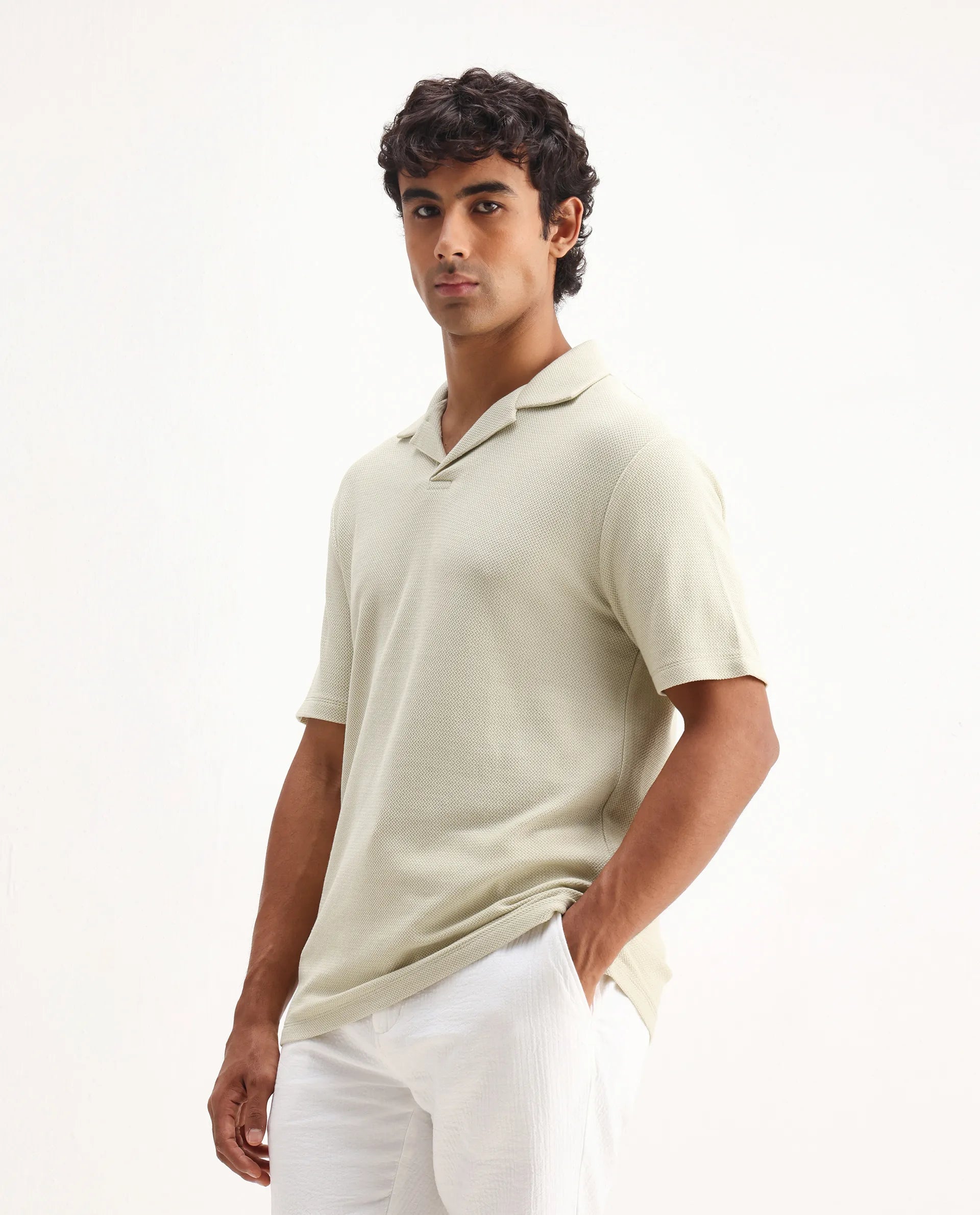 Rare Rabbit Men's Flen Pastel Green Cotton Plain Regular Fit Half Sleeve Polo