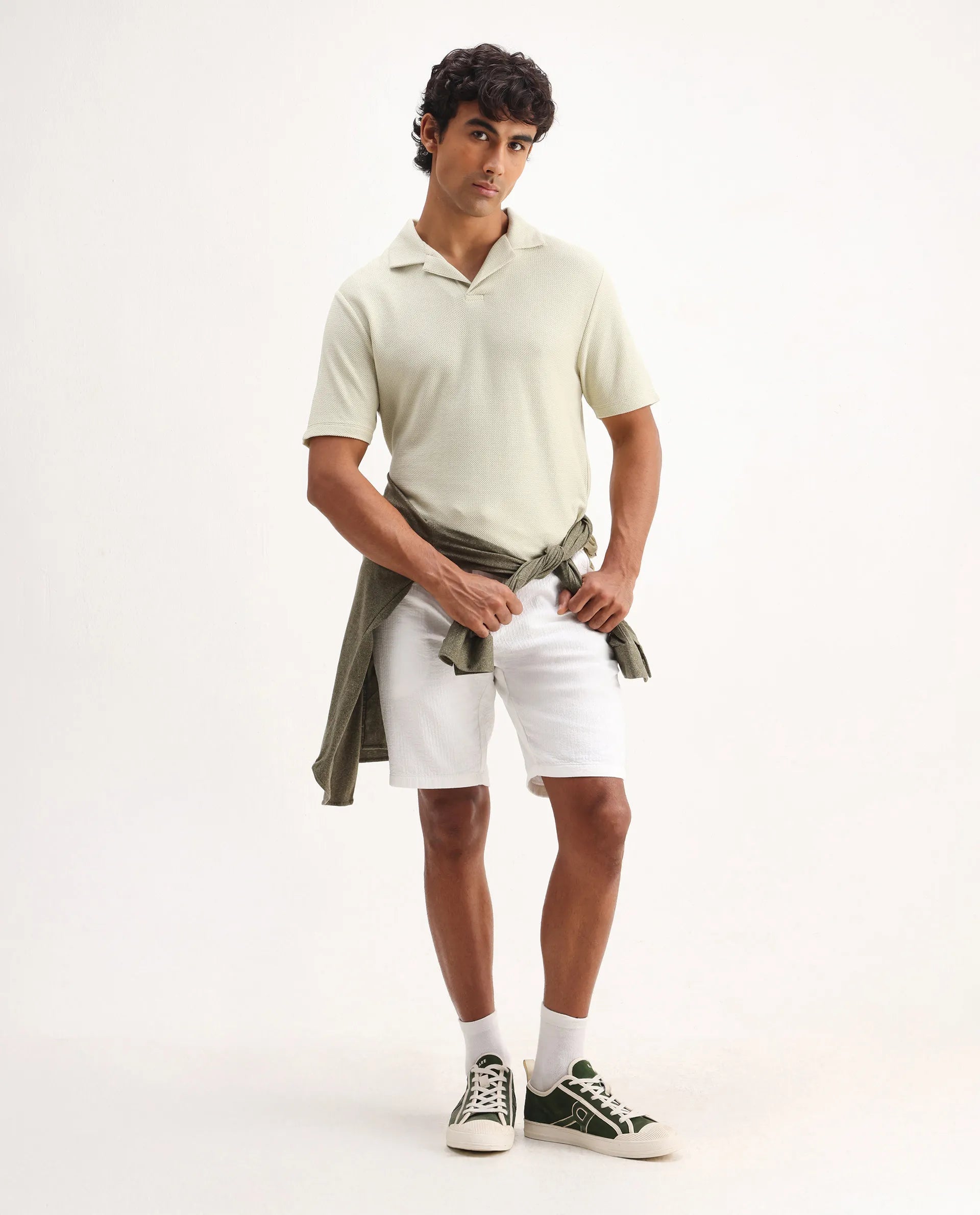 Rare Rabbit Men's Flen Pastel Green Cotton Plain Regular Fit Half Sleeve Polo