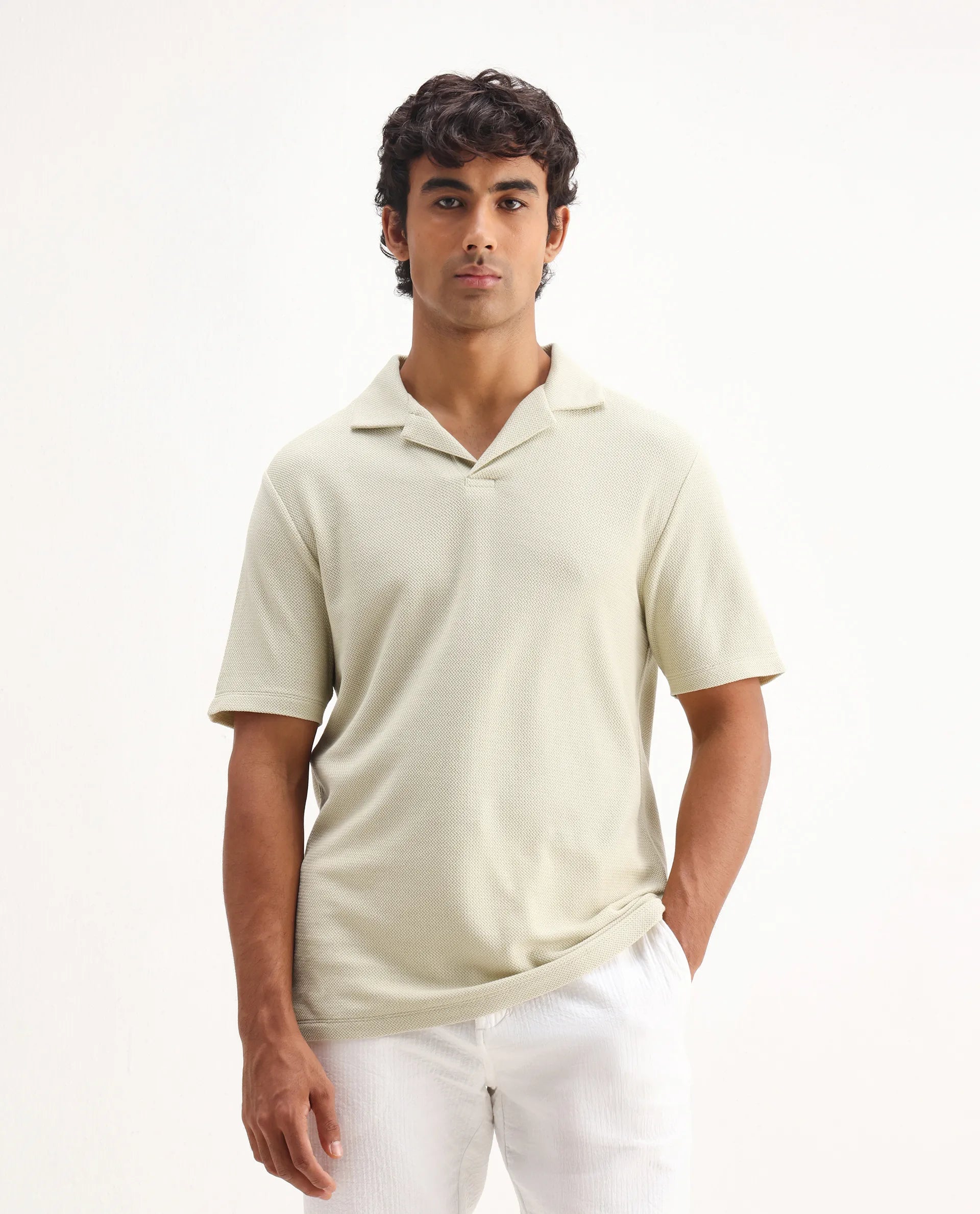 Rare Rabbit Men's Flen Pastel Green Cotton Plain Regular Fit Half Sleeve Polo