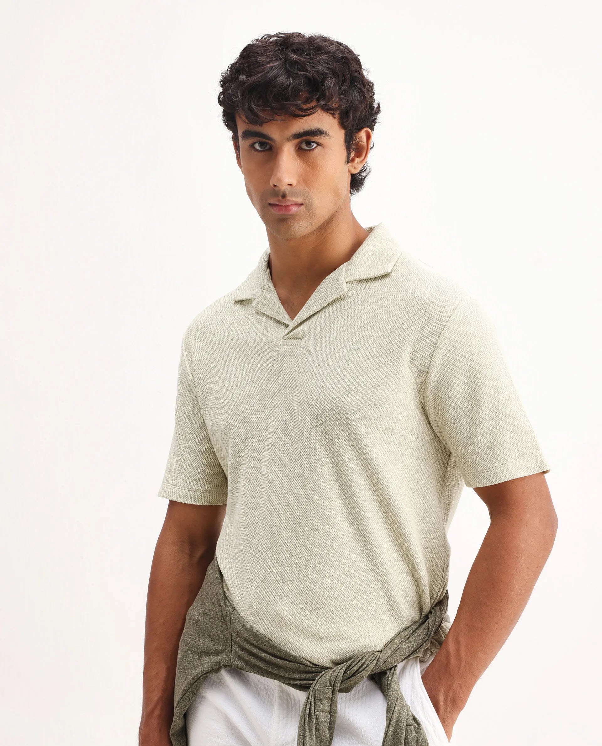 Rare Rabbit Men's Flen Pastel Green Cotton Plain Regular Fit Half Sleeve Polo