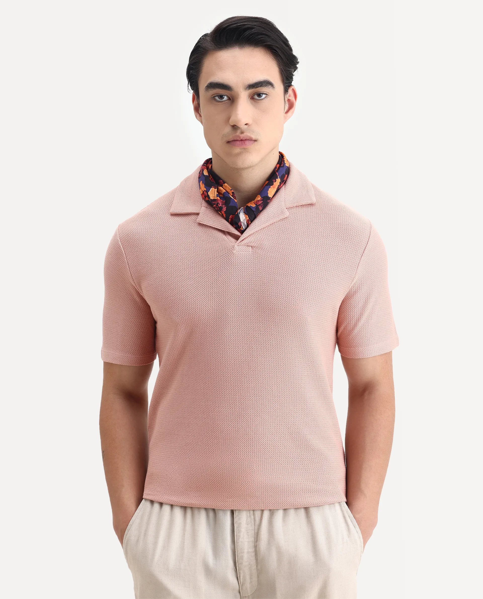 Rare Rabbit Men's Flen Pastel Peach Cotton Plain Regular Fit Half Sleeve Polo
