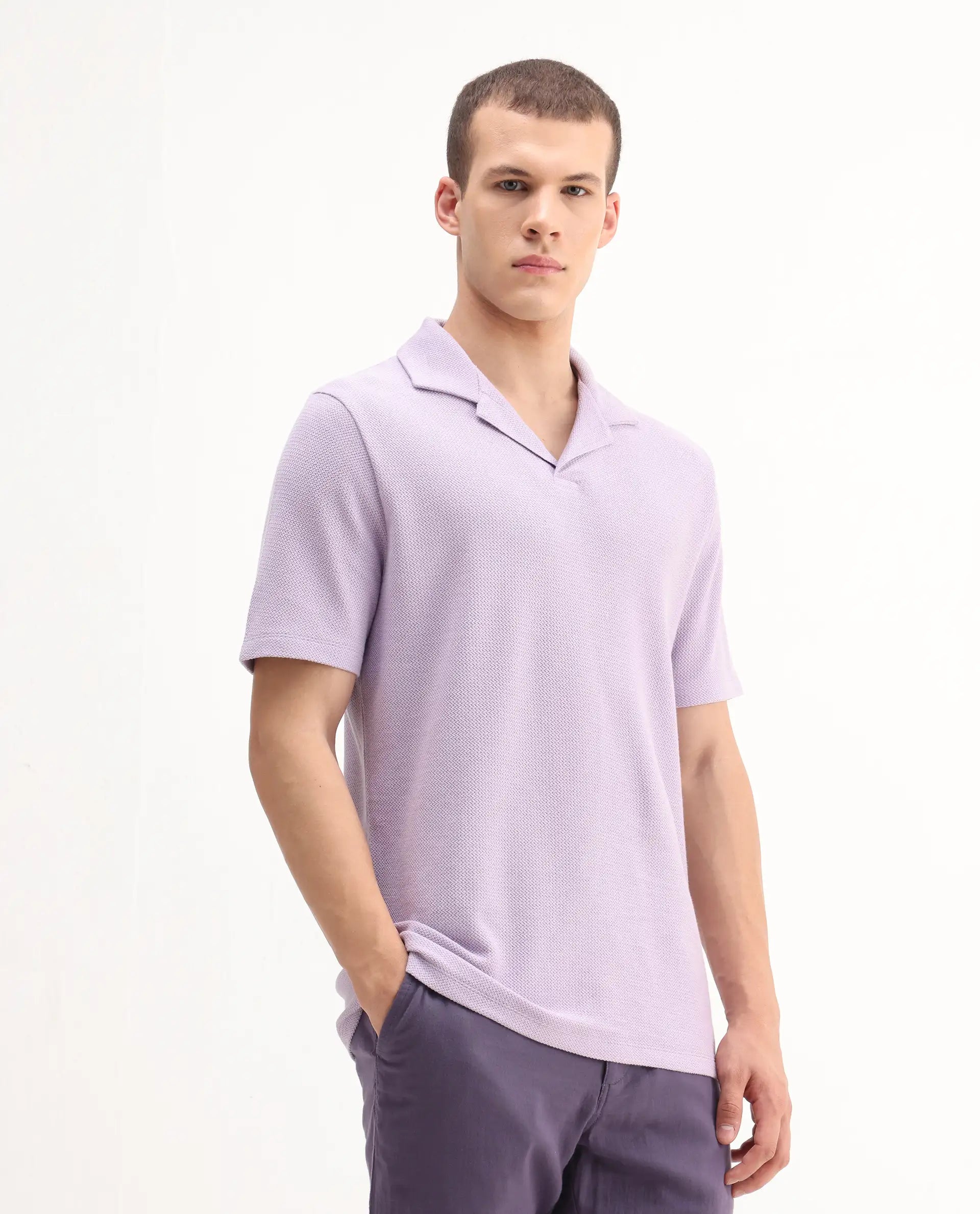 Rare Rabbit Men's Flen Pastel Purple Cotton Plain Regular Fit Half Sleeve Polo