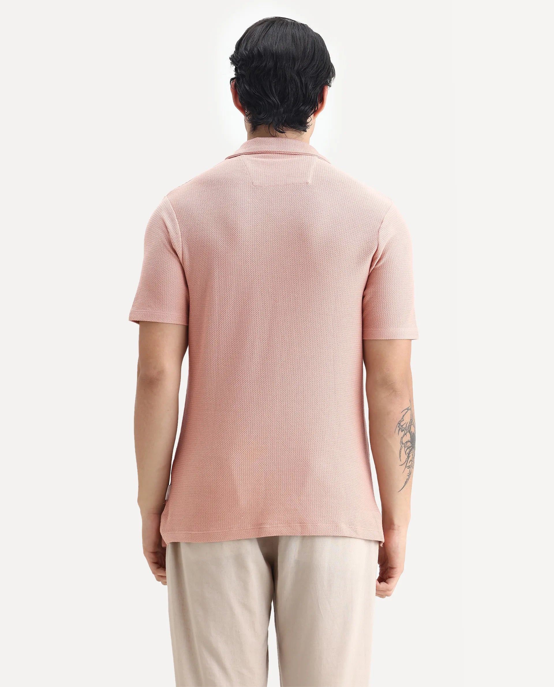Rare Rabbit Men's Flen Pastel Peach Cotton Plain Regular Fit Half Sleeve Polo