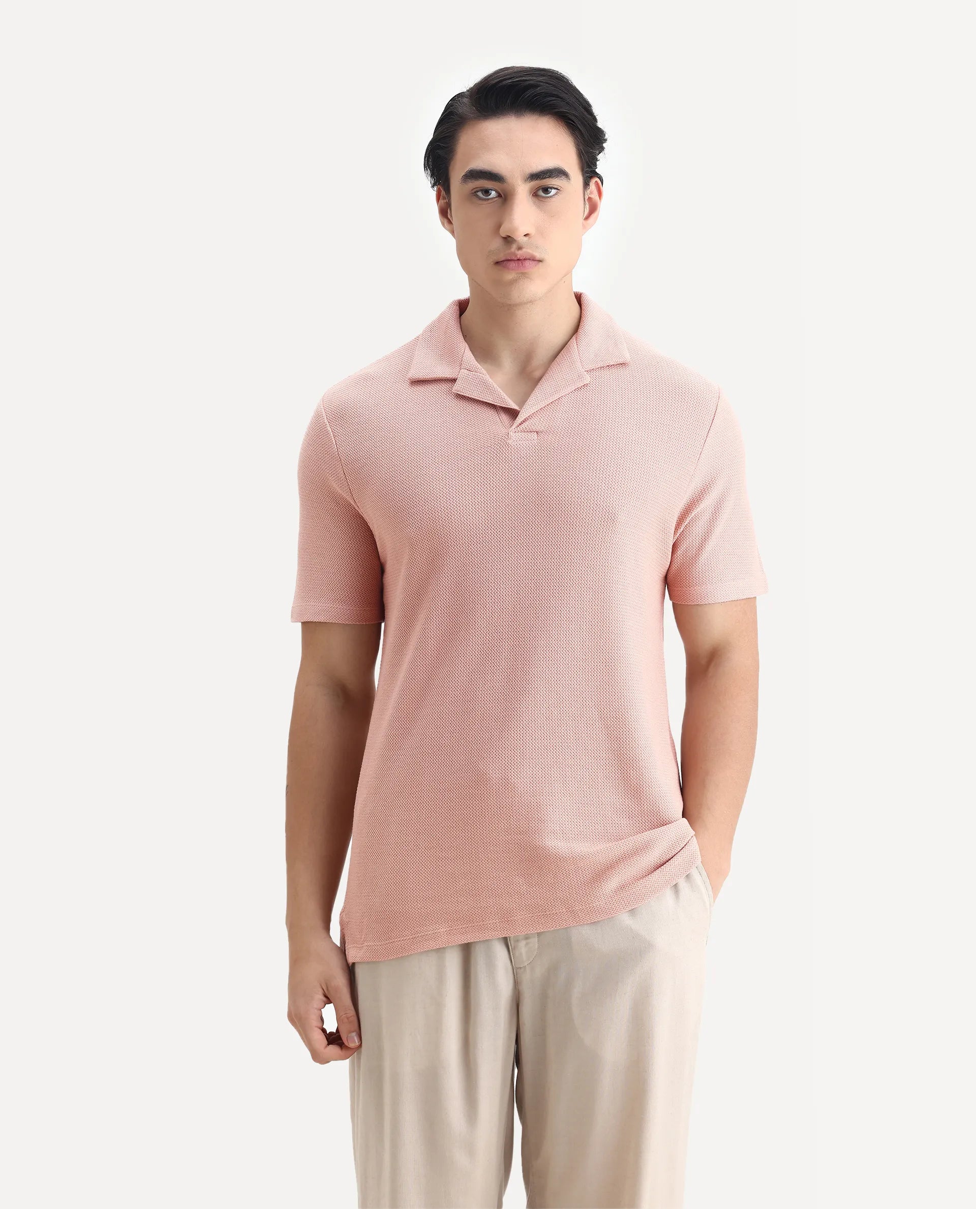 Rare Rabbit Men's Flen Pastel Peach Cotton Plain Regular Fit Half Sleeve Polo