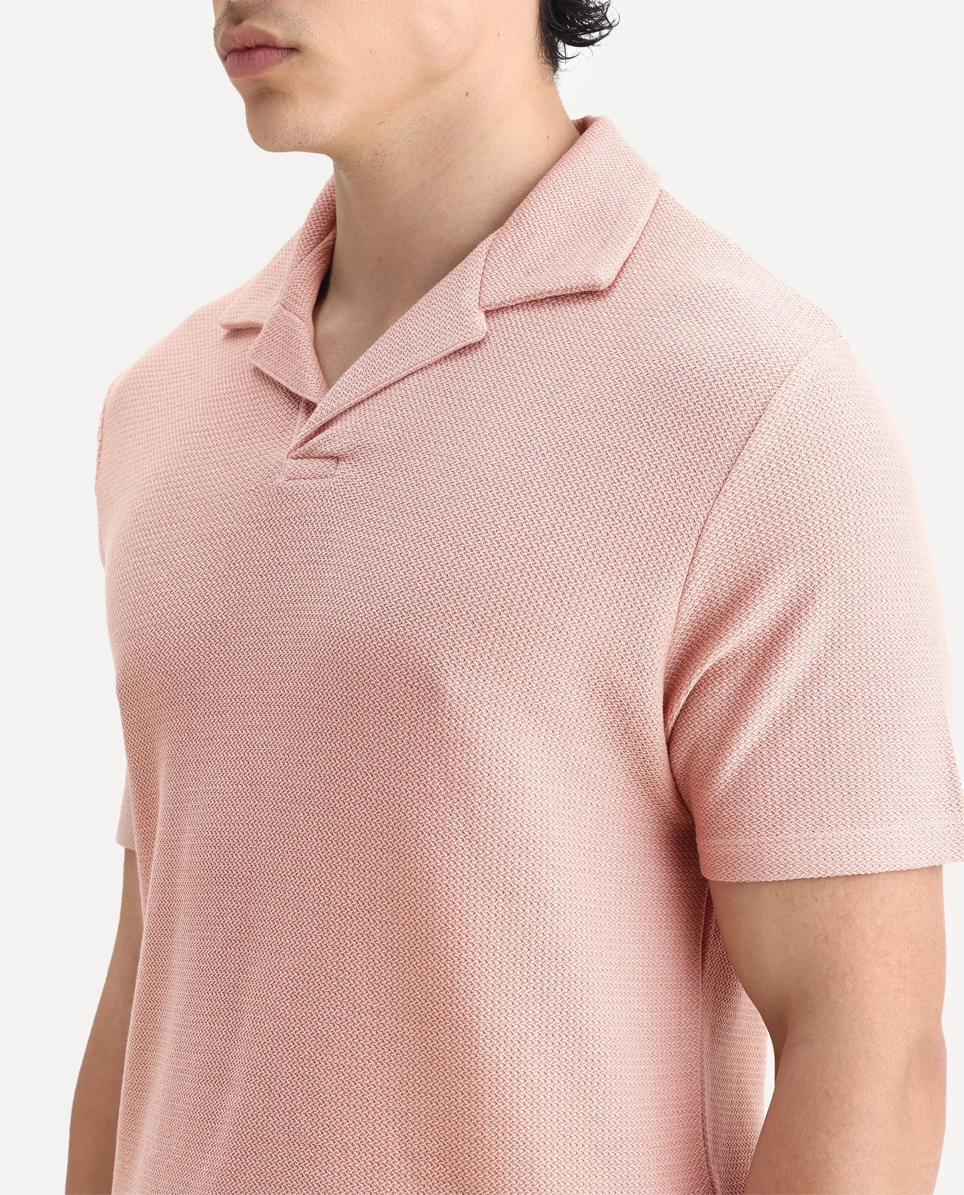 Rare Rabbit Men's Flen Pastel Peach Cotton Plain Regular Fit Half Sleeve Polo