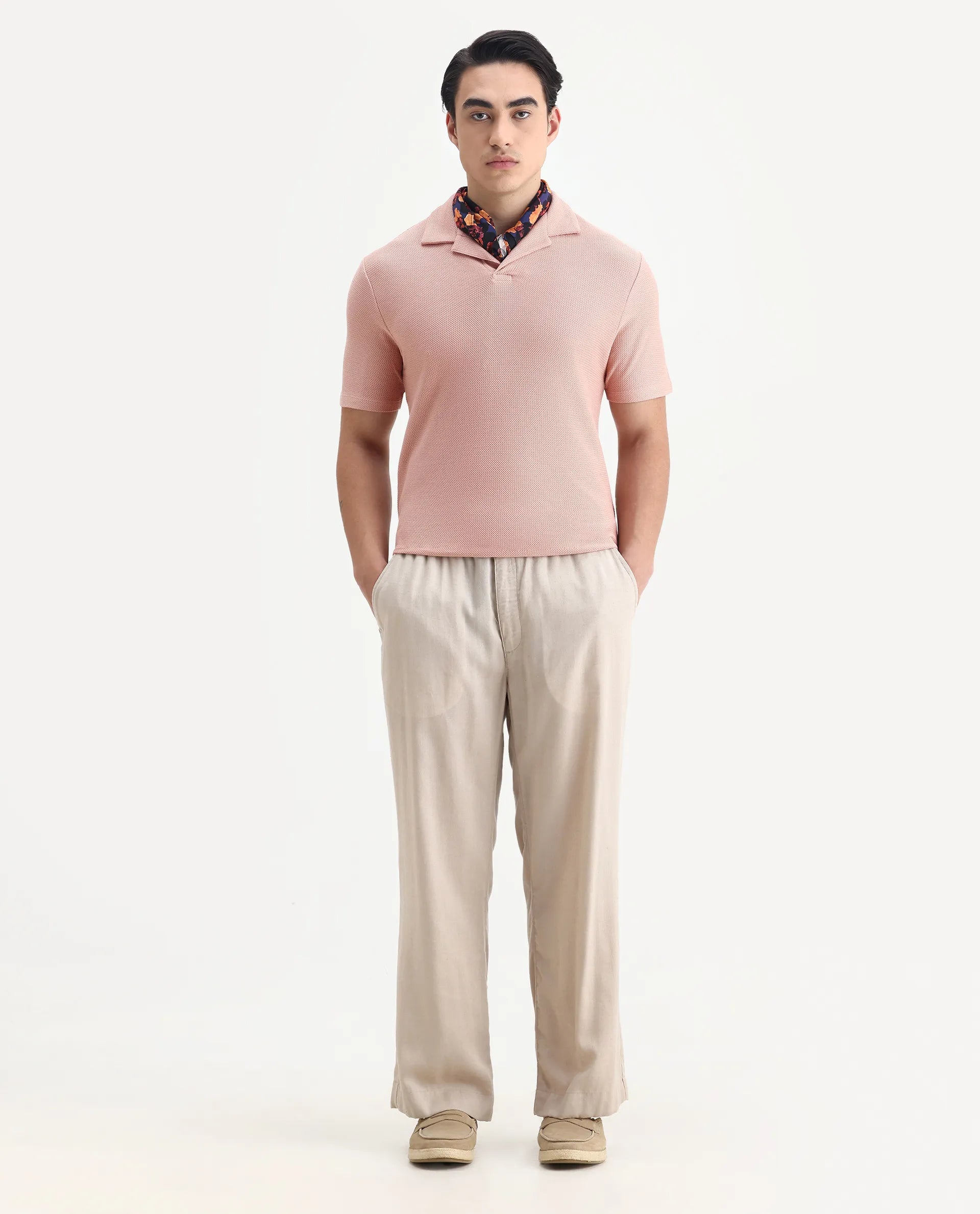 Rare Rabbit Men's Flen Pastel Peach Cotton Plain Regular Fit Half Sleeve Polo