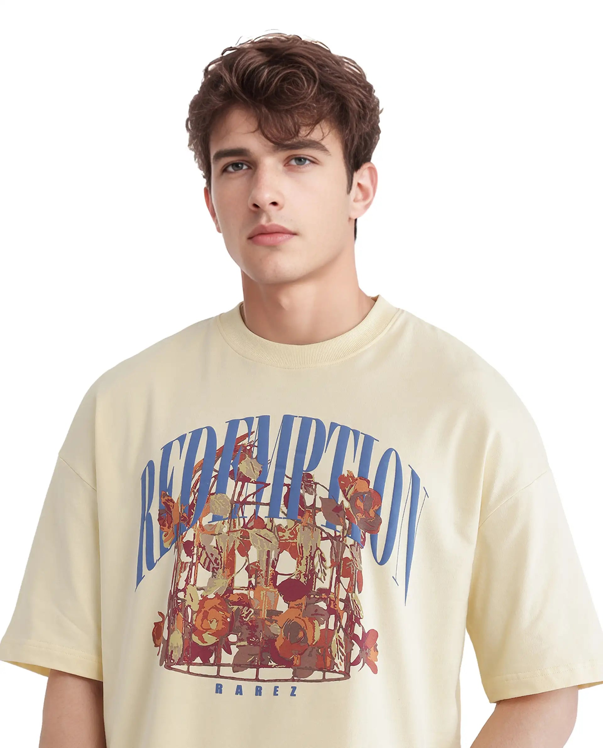 Rare Rabbit Men Fler Pastel Yellow Cotton Fabric Short Sleeve Crew Neck Oversized Fit Hd and Typography Print T-Shirt