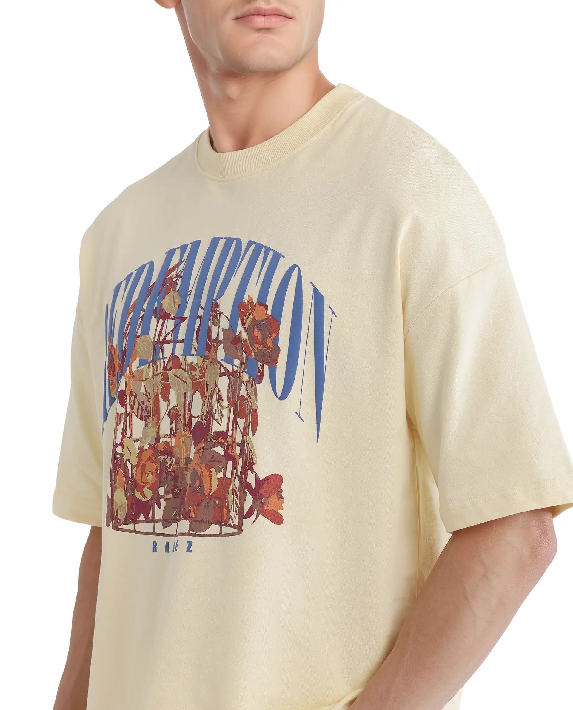Rare Rabbit Men Fler Pastel Yellow Cotton Fabric Short Sleeve Crew Neck Oversized Fit Hd and Typography Print T-Shirt