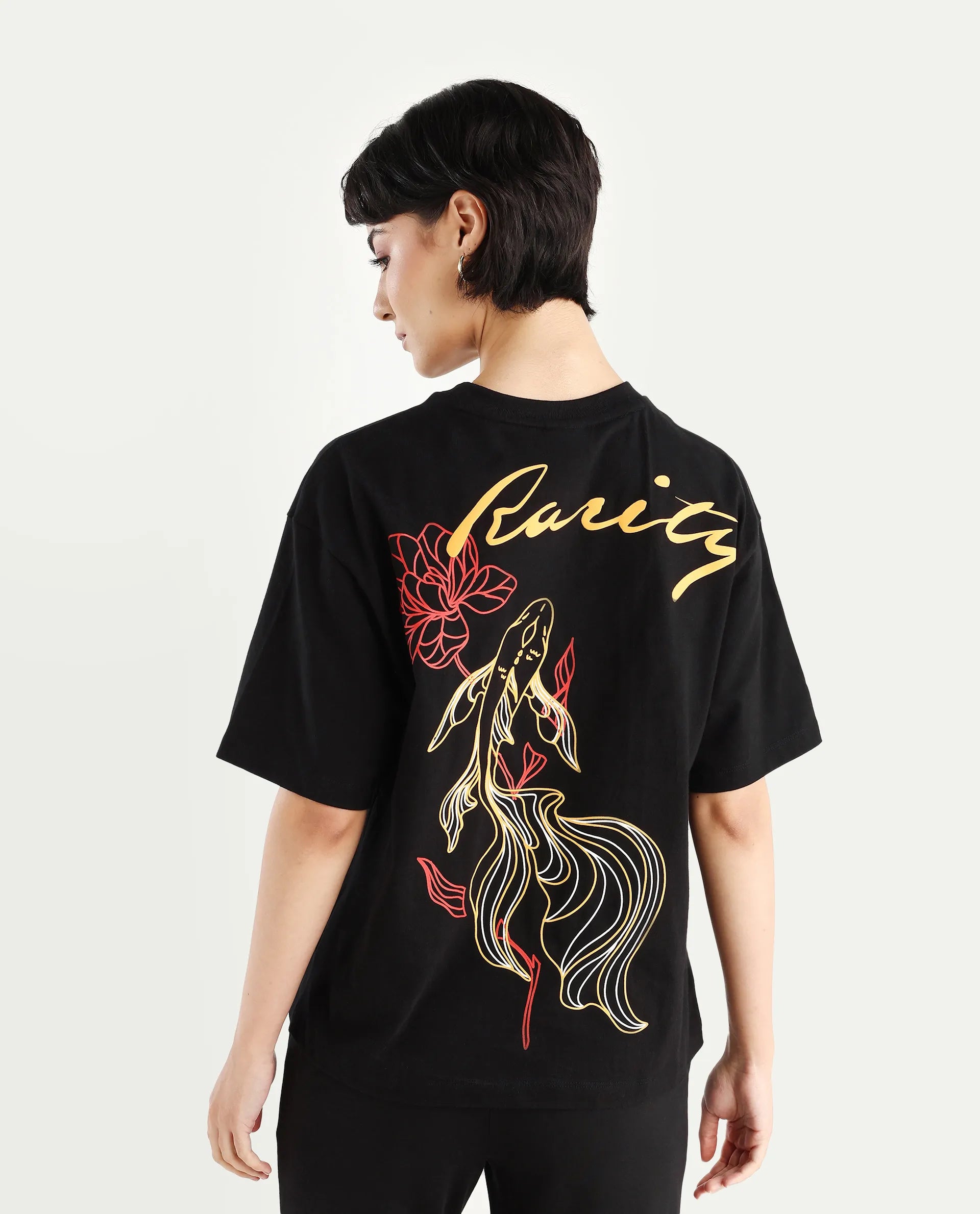 Rareism Women's Flex Black Cotton Blend Crew Neck Graphic Print Oversized T-Shirt