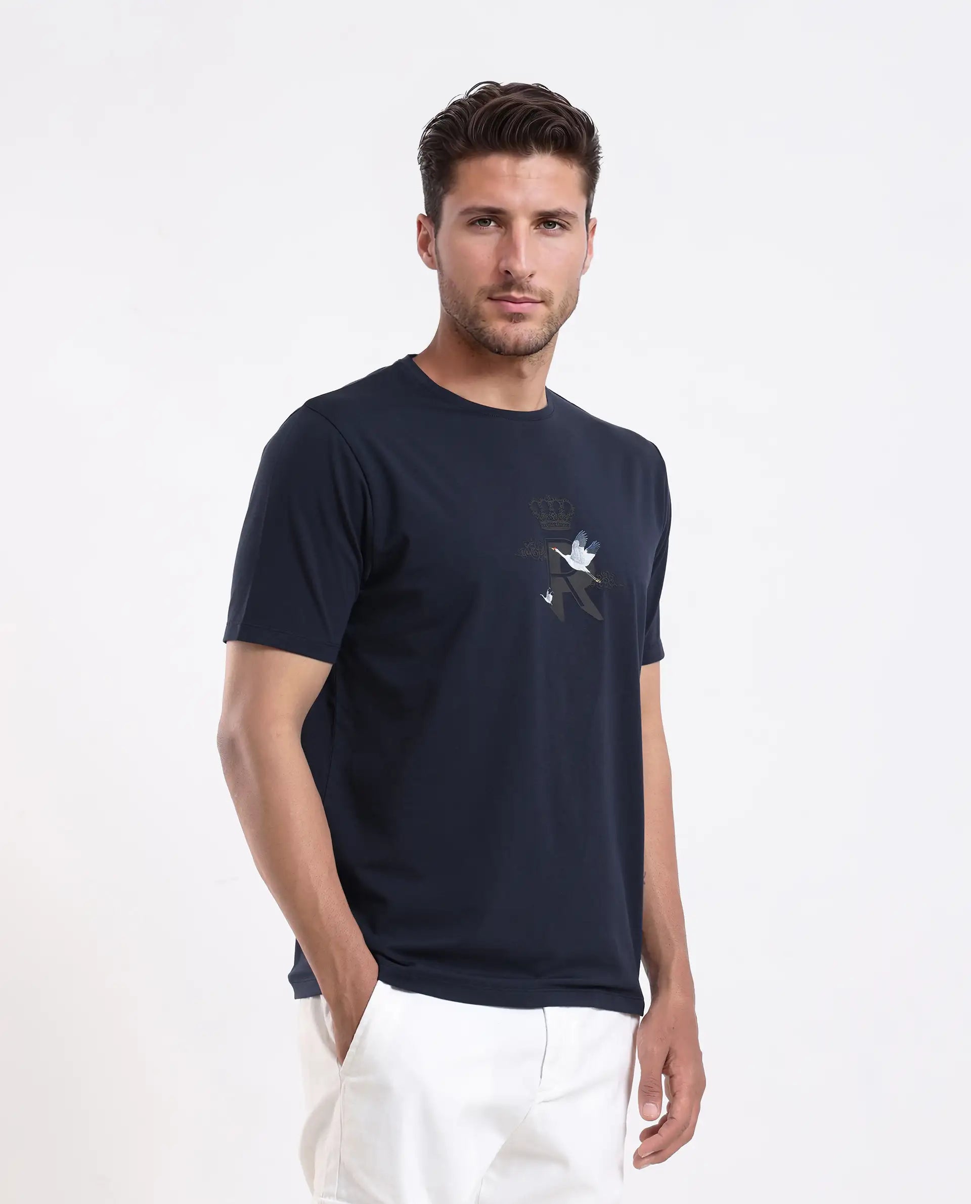Rare Rabbit Men's Fliter Dark Blue Cotton Blend Fabric Short Sleeve Crew Neck Graphic Print T-Shirt