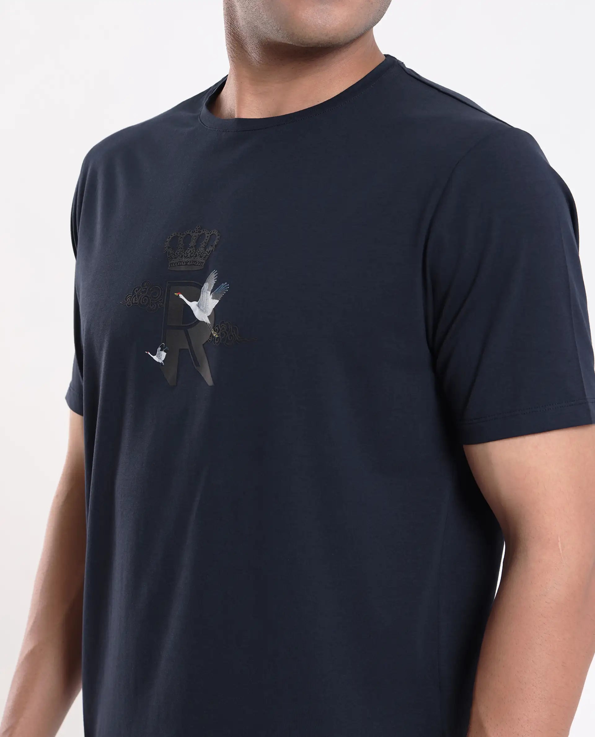 Rare Rabbit Men's Fliter Dark Blue Cotton Blend Fabric Short Sleeve Crew Neck Graphic Print T-Shirt