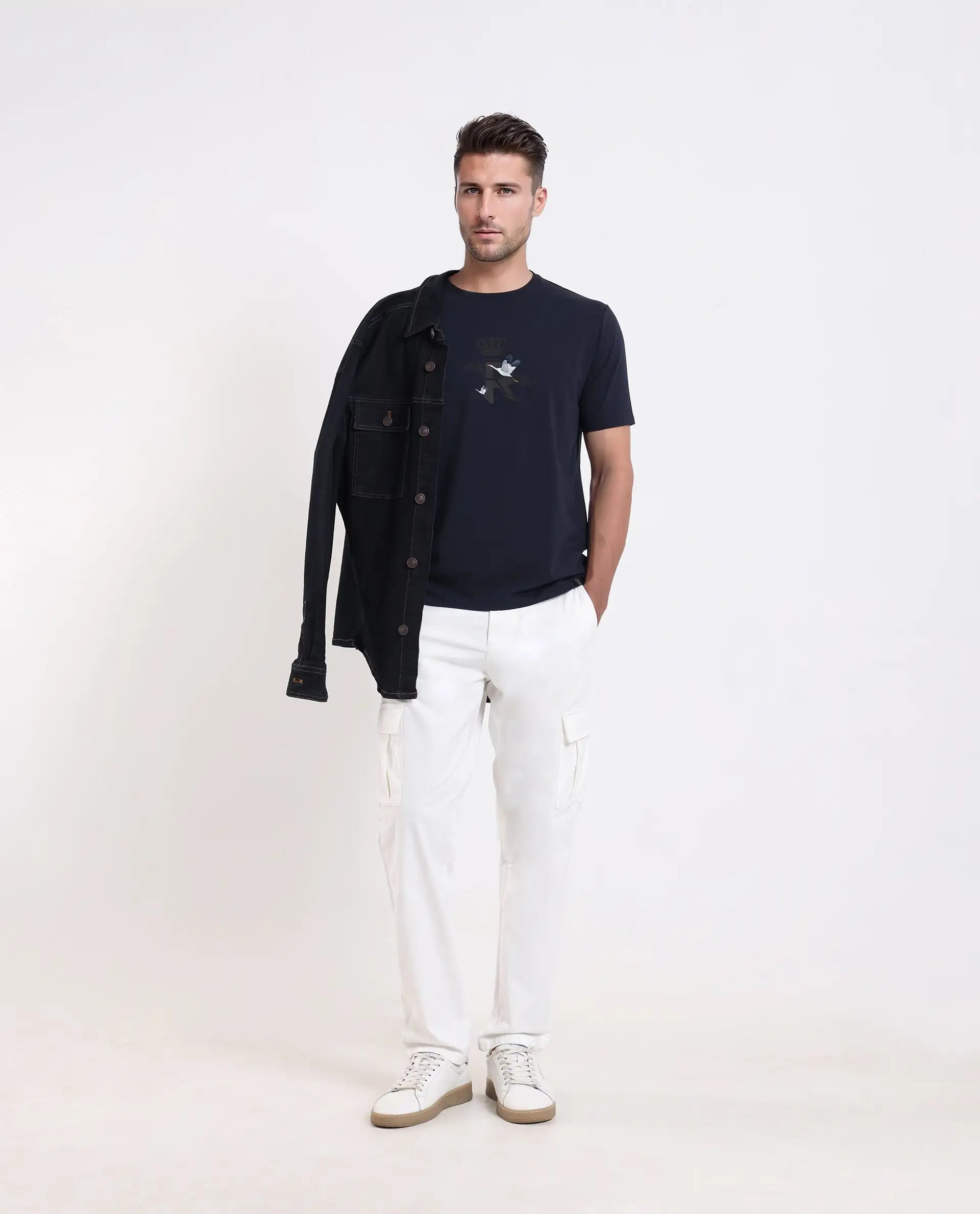 Rare Rabbit Men's Fliter Dark Blue Cotton Blend Fabric Short Sleeve Crew Neck Graphic Print T-Shirt