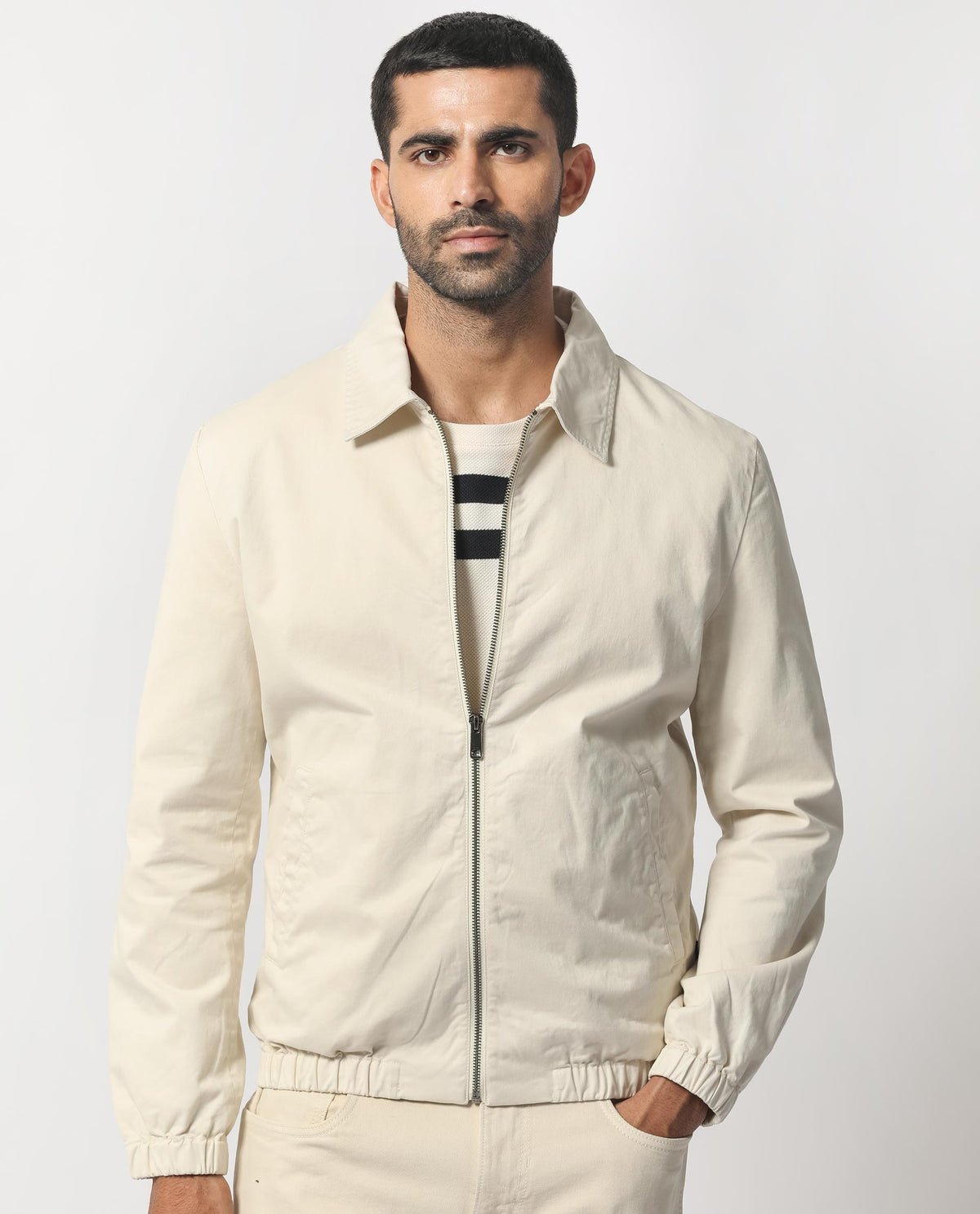 Rare Rabbit Men's Flinsten Beige Plain Regular Collar Twill Jacket