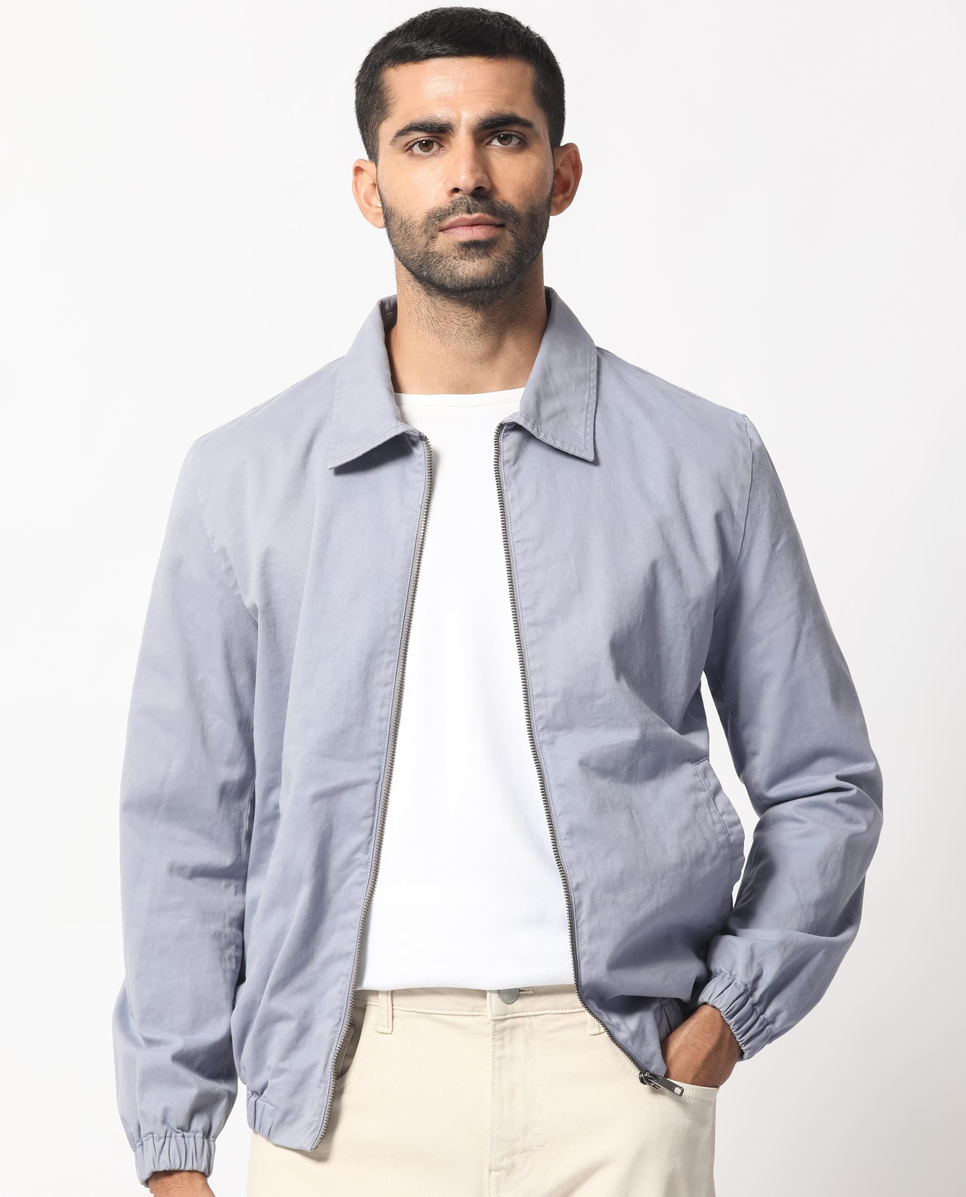 Rare Rabbit Men's Flinsten Dusky Blue Plain Regular Collar Twill Jacket