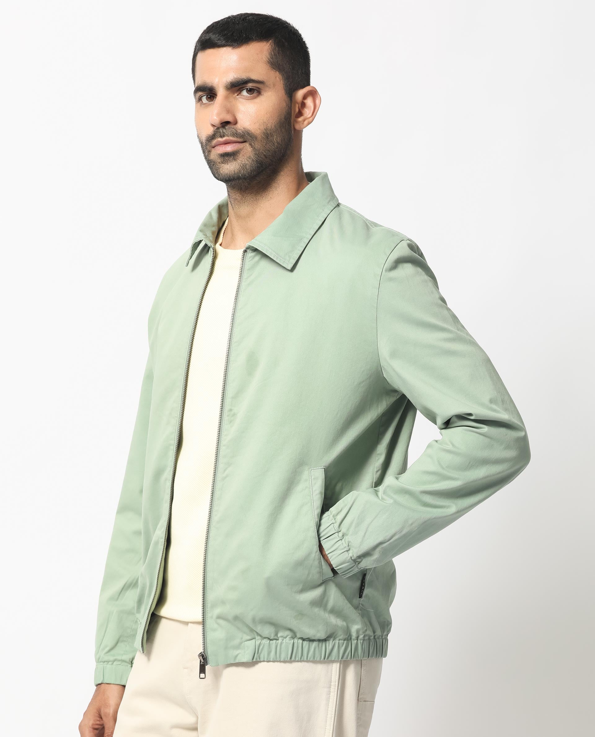 Rare Rabbit Men's Flinsten Dusky Green Plain Broad Collar Twill Jacket