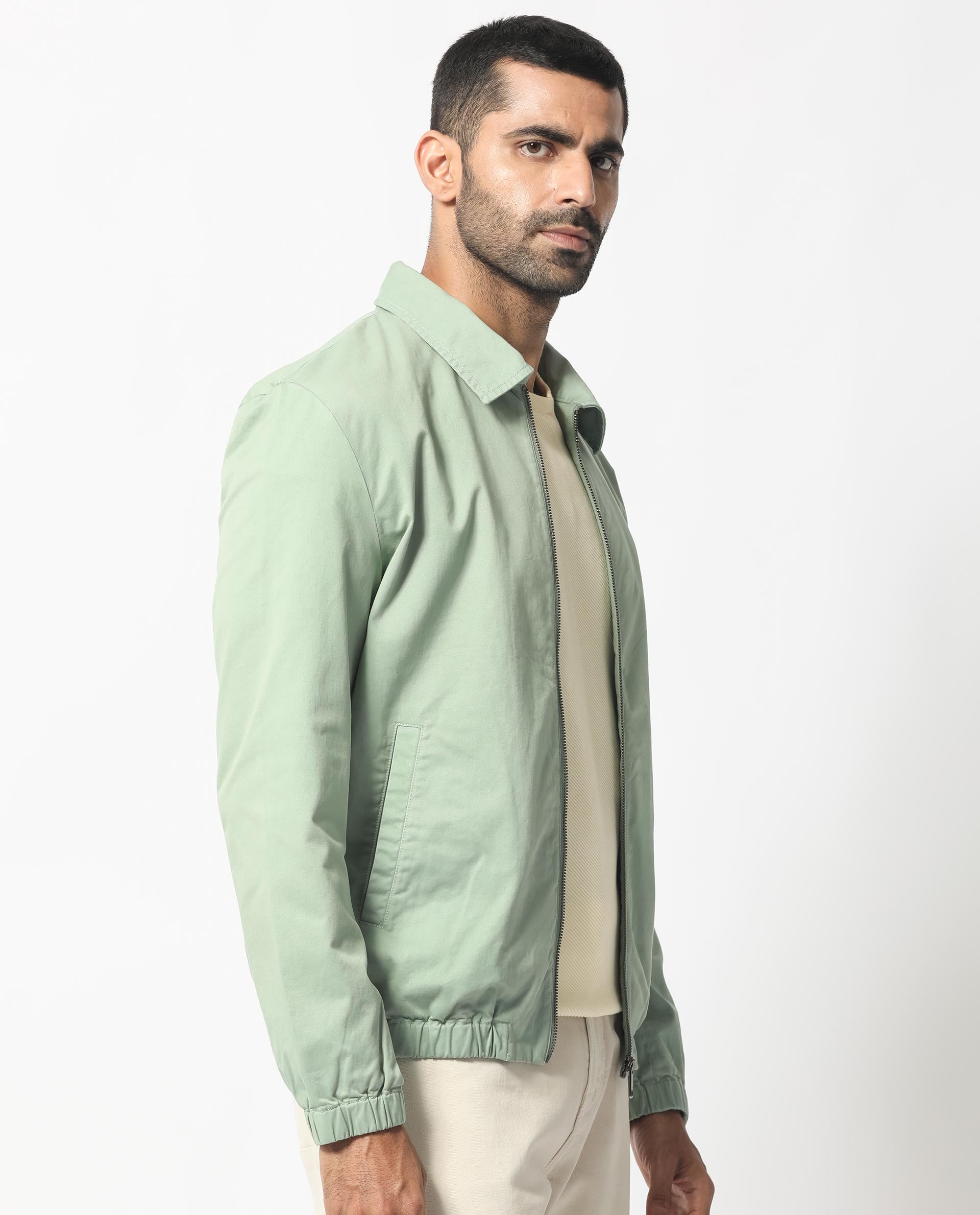 Rare Rabbit Men's Flinsten Dusky Green Plain Broad Collar Twill Jacket