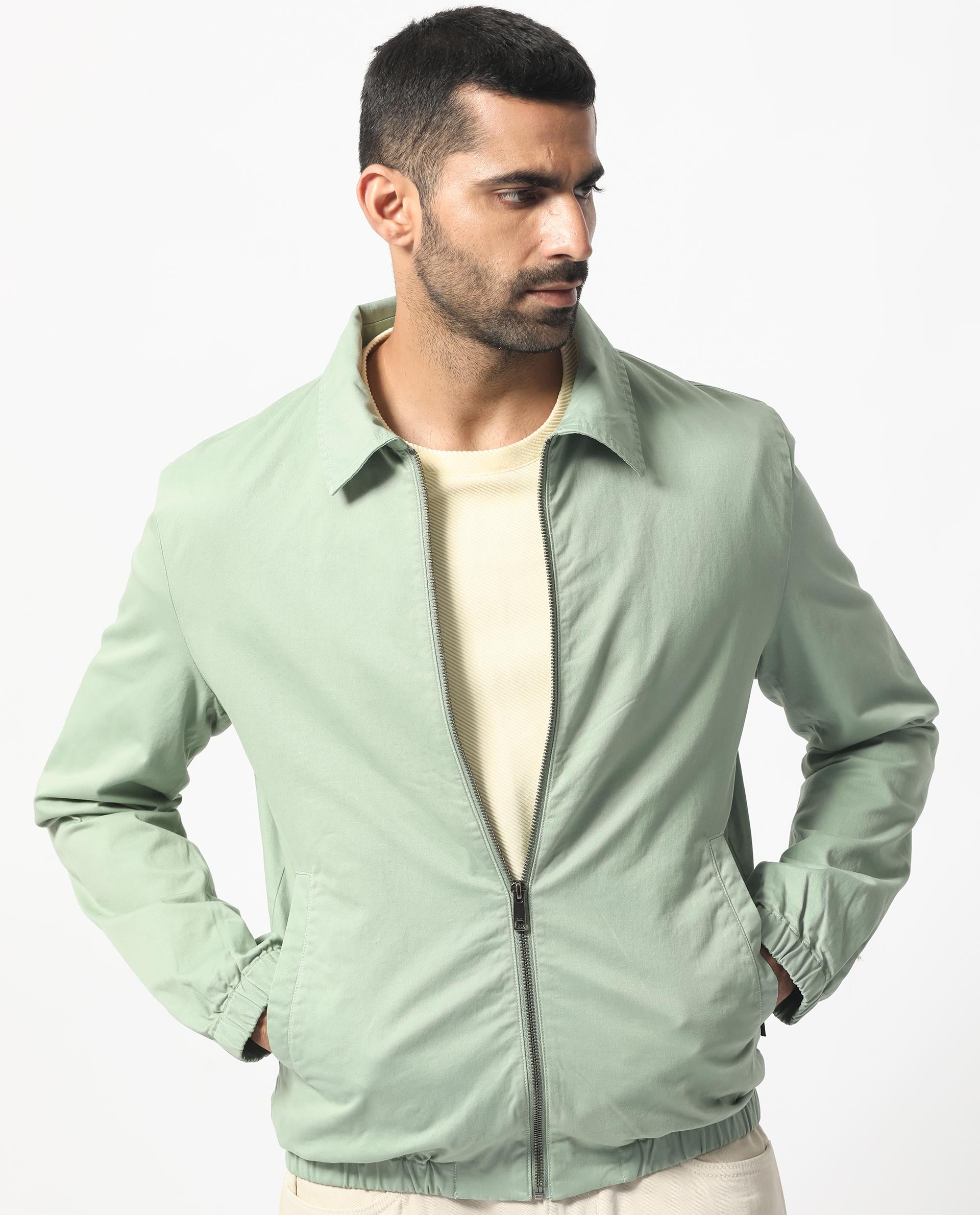 Rare Rabbit Men's Flinsten Dusky Green Plain Broad Collar Twill Jacket