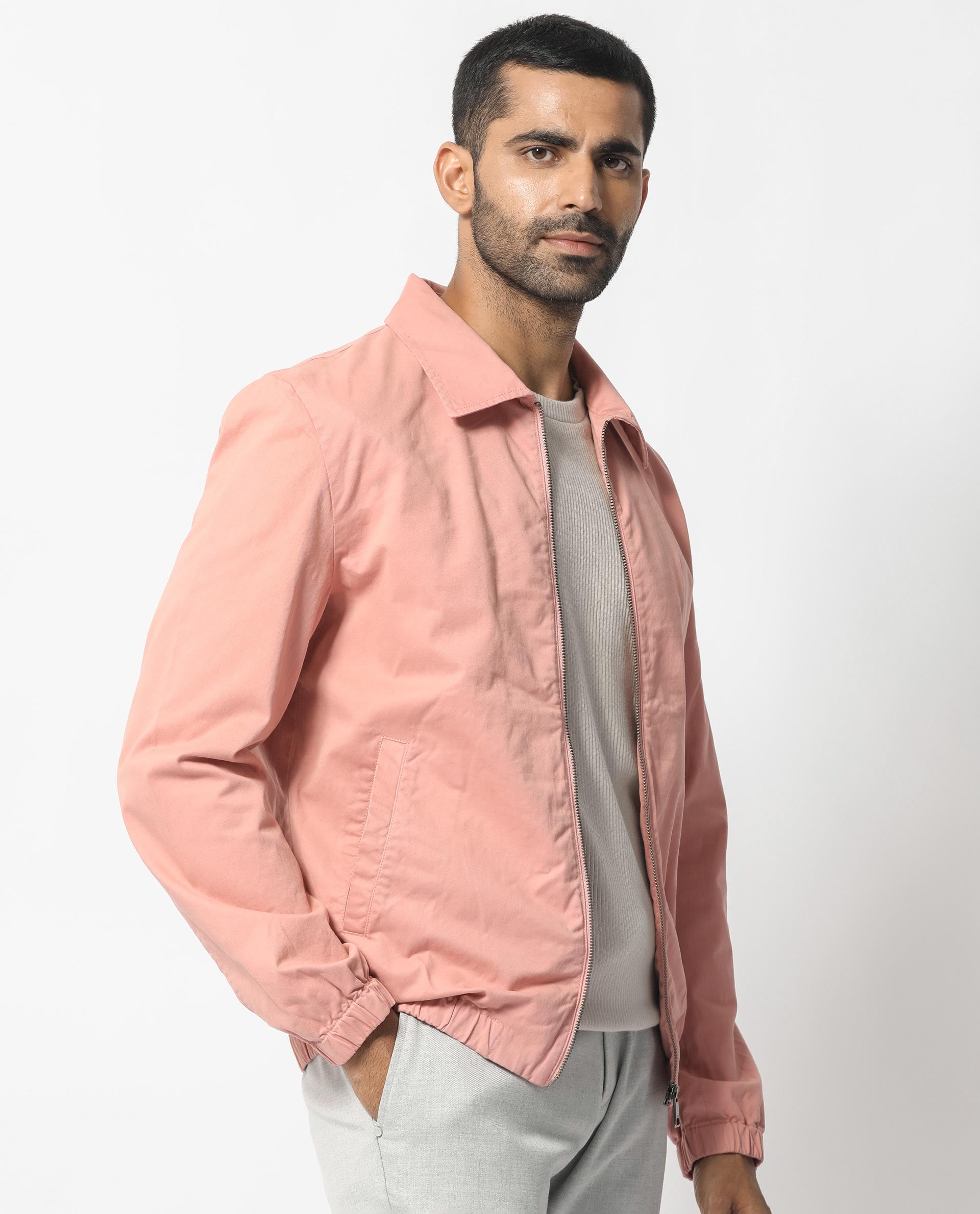 Rare Rabbit Men's Flinsten Dusky Pink Plain Broad Collar Twill Jacket