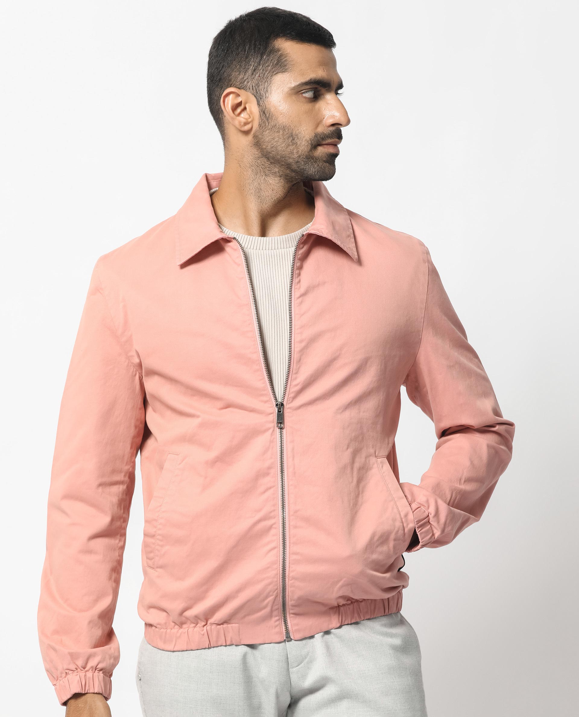 Rare Rabbit Men's Flinsten Dusky Pink Plain Broad Collar Twill Jacket