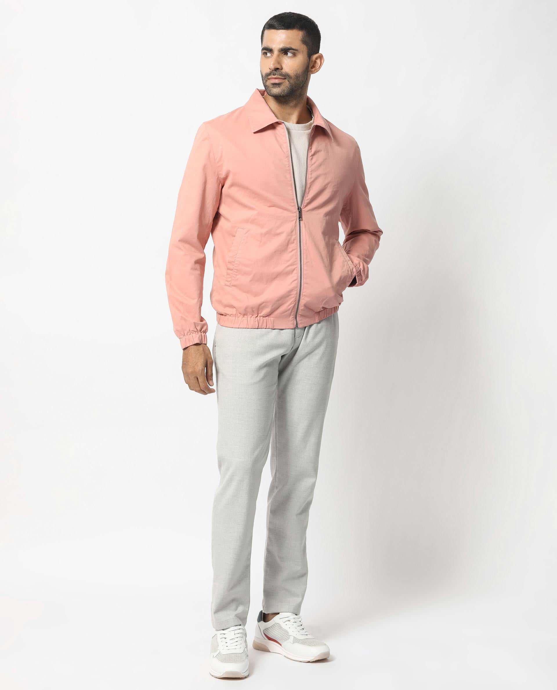 Rare Rabbit Men's Flinsten Dusky Pink Plain Broad Collar Twill Jacket