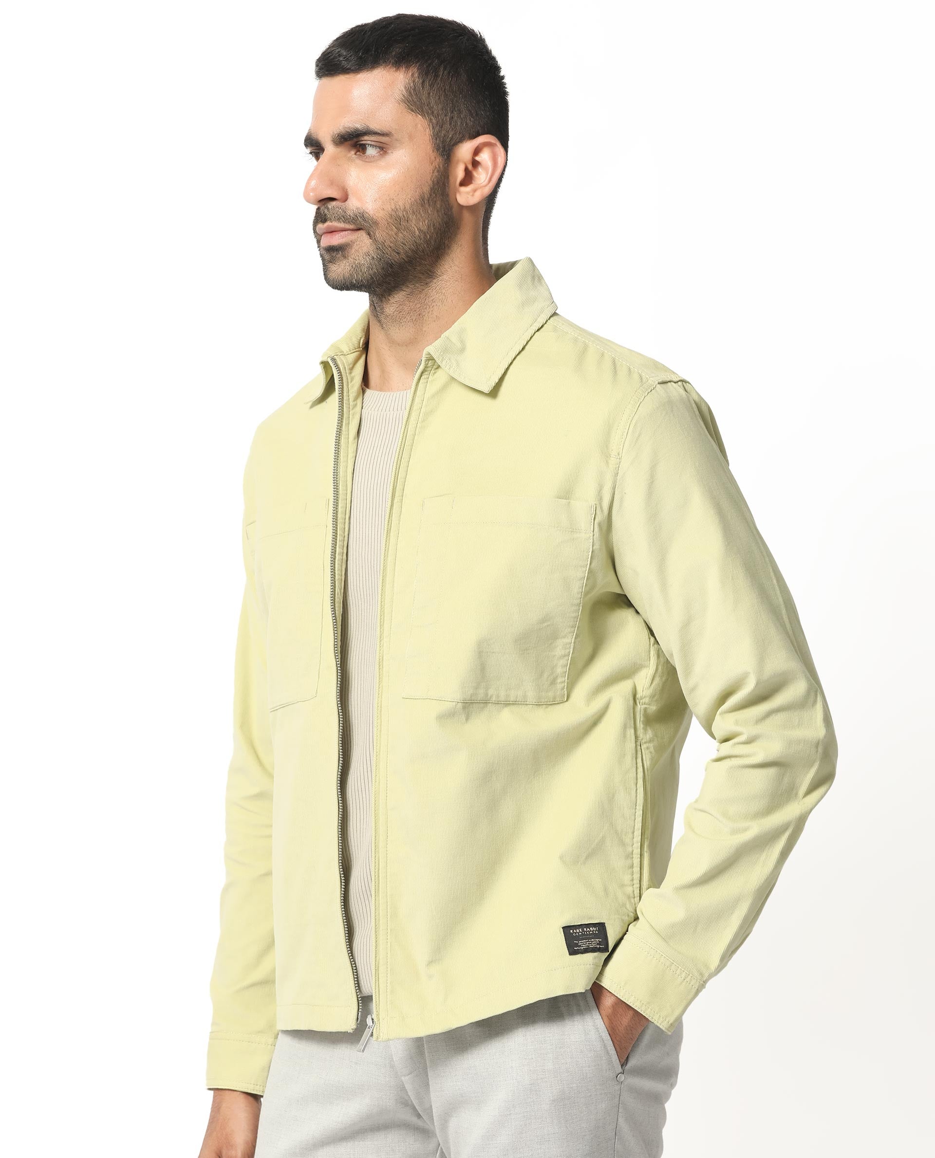 Rare Rabbit Men's Jilin Pastel Green Cotton Fabric Full Sleeves Zip Closure Solid Twill Shacket