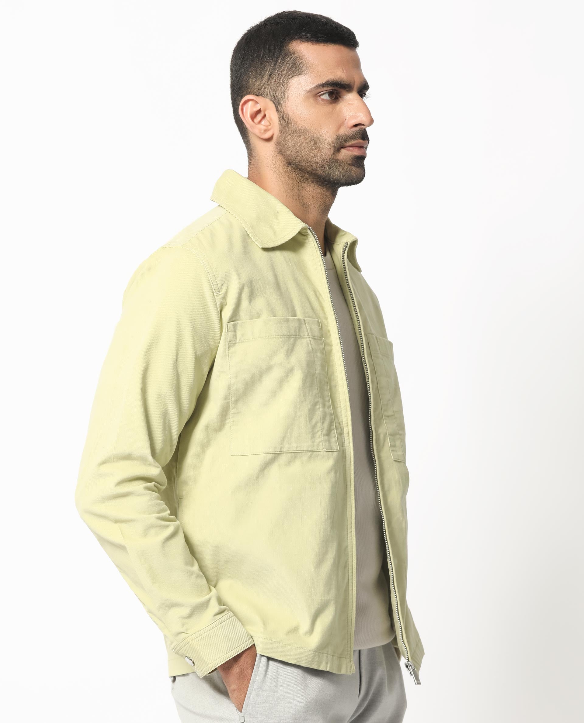 Rare Rabbit Men's Jilin Pastel Green Cotton Fabric Full Sleeves Zip Closure Solid Twill Shacket