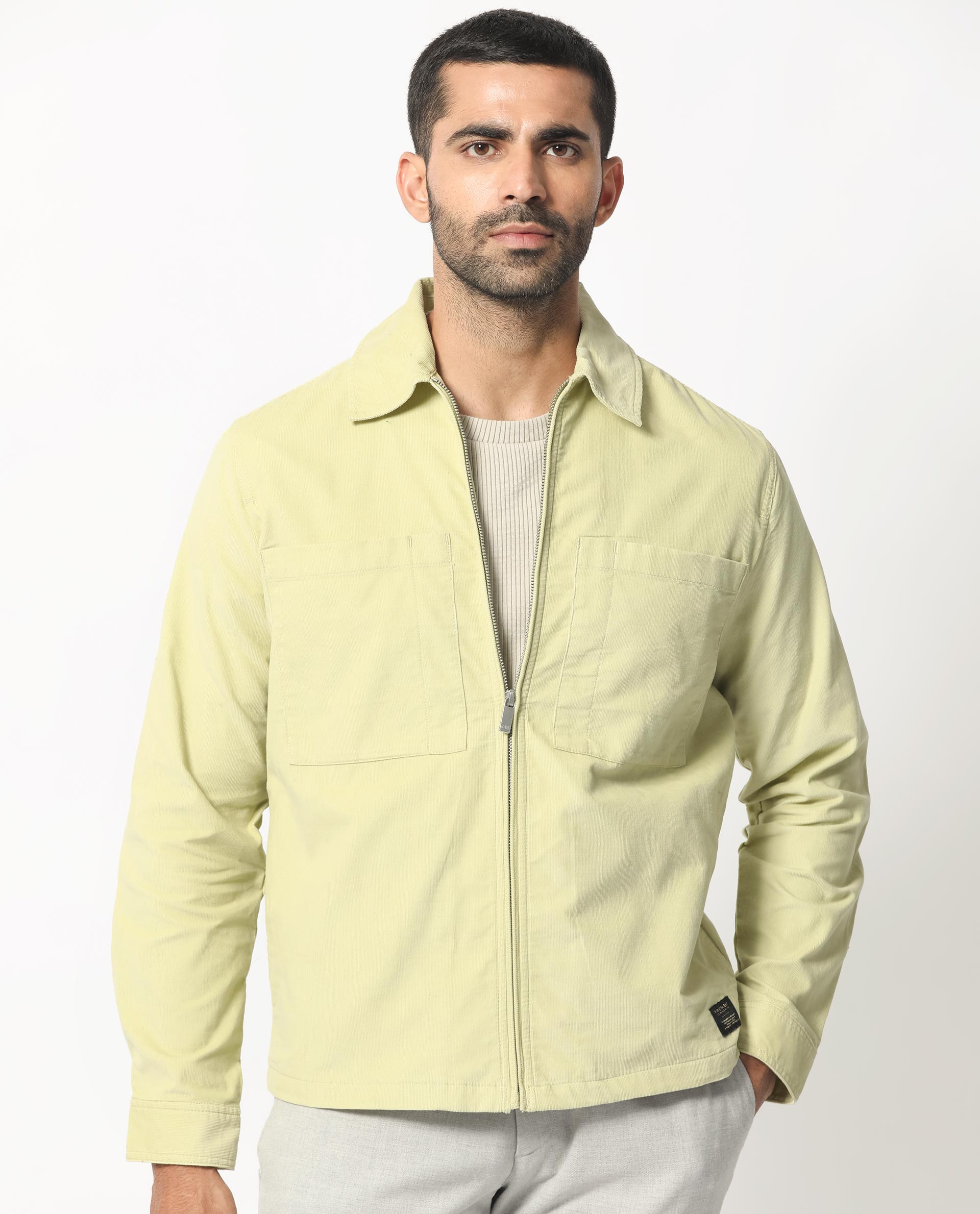 Rare Rabbit Men's Jilin Pastel Green Cotton Fabric Full Sleeves Zip Closure Solid Twill Shacket