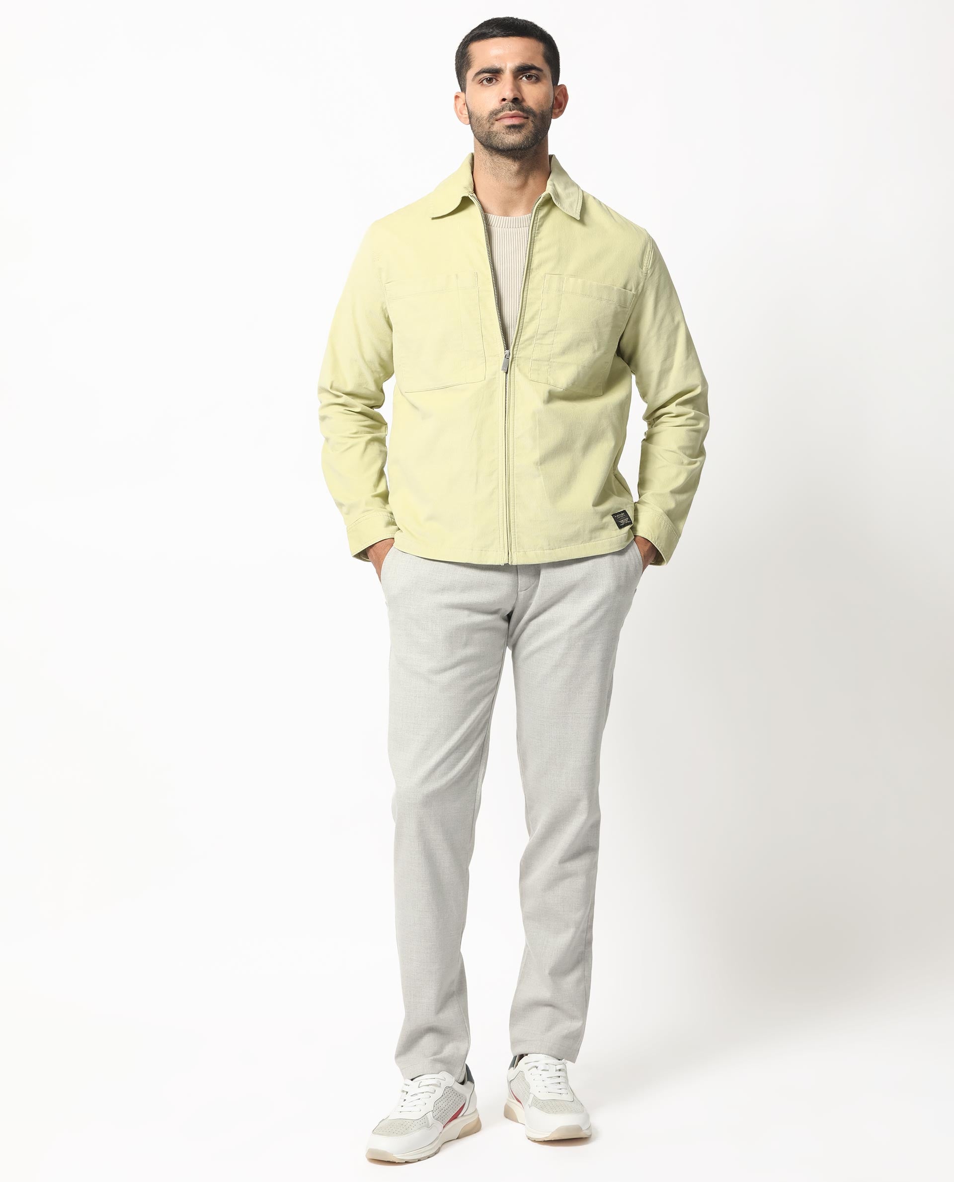 Rare Rabbit Men's Jilin Pastel Green Cotton Fabric Full Sleeves Zip Closure Solid Twill Shacket