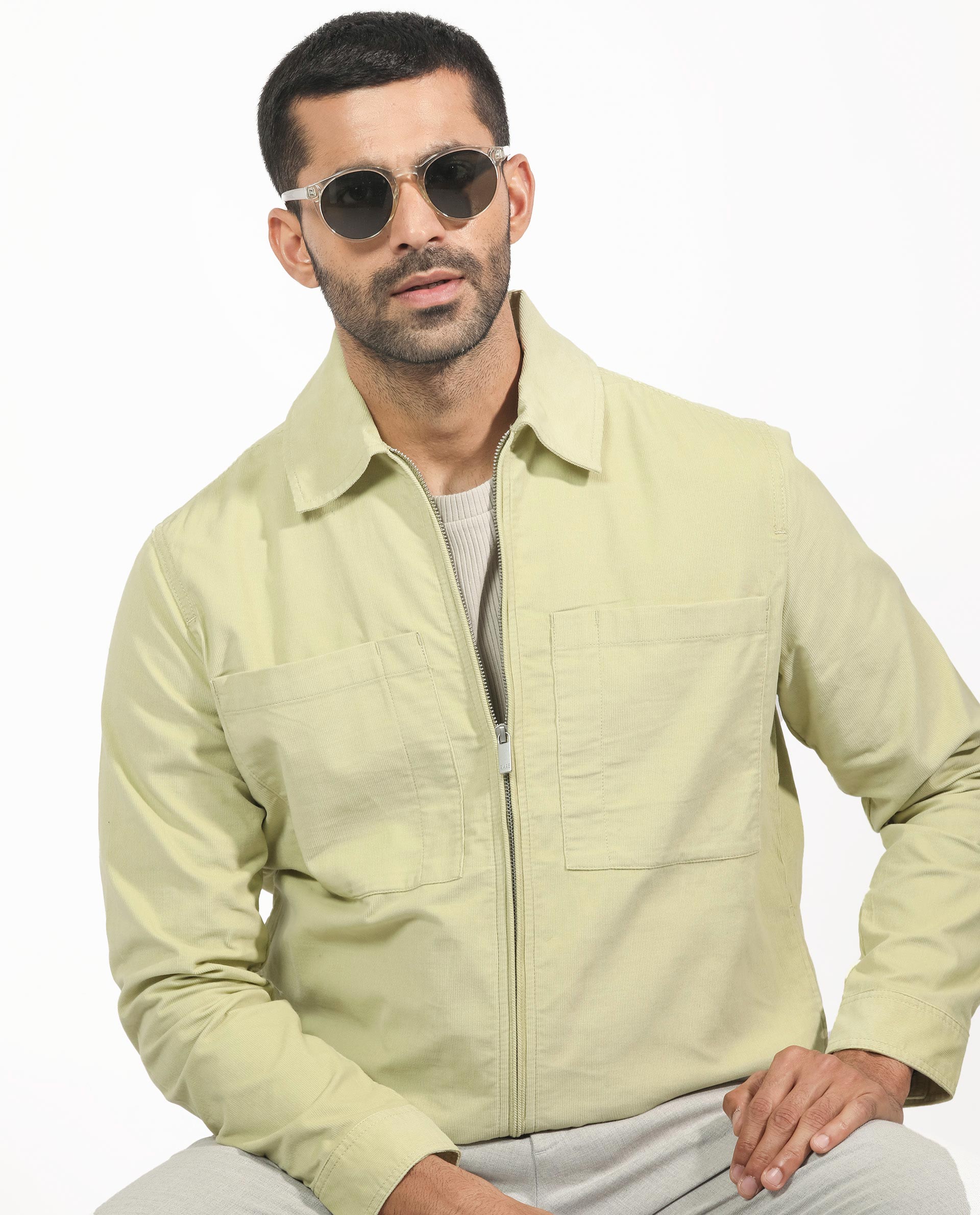 Rare Rabbit Men's Jilin Pastel Green Cotton Fabric Full Sleeves Zip Closure Solid Twill Shacket