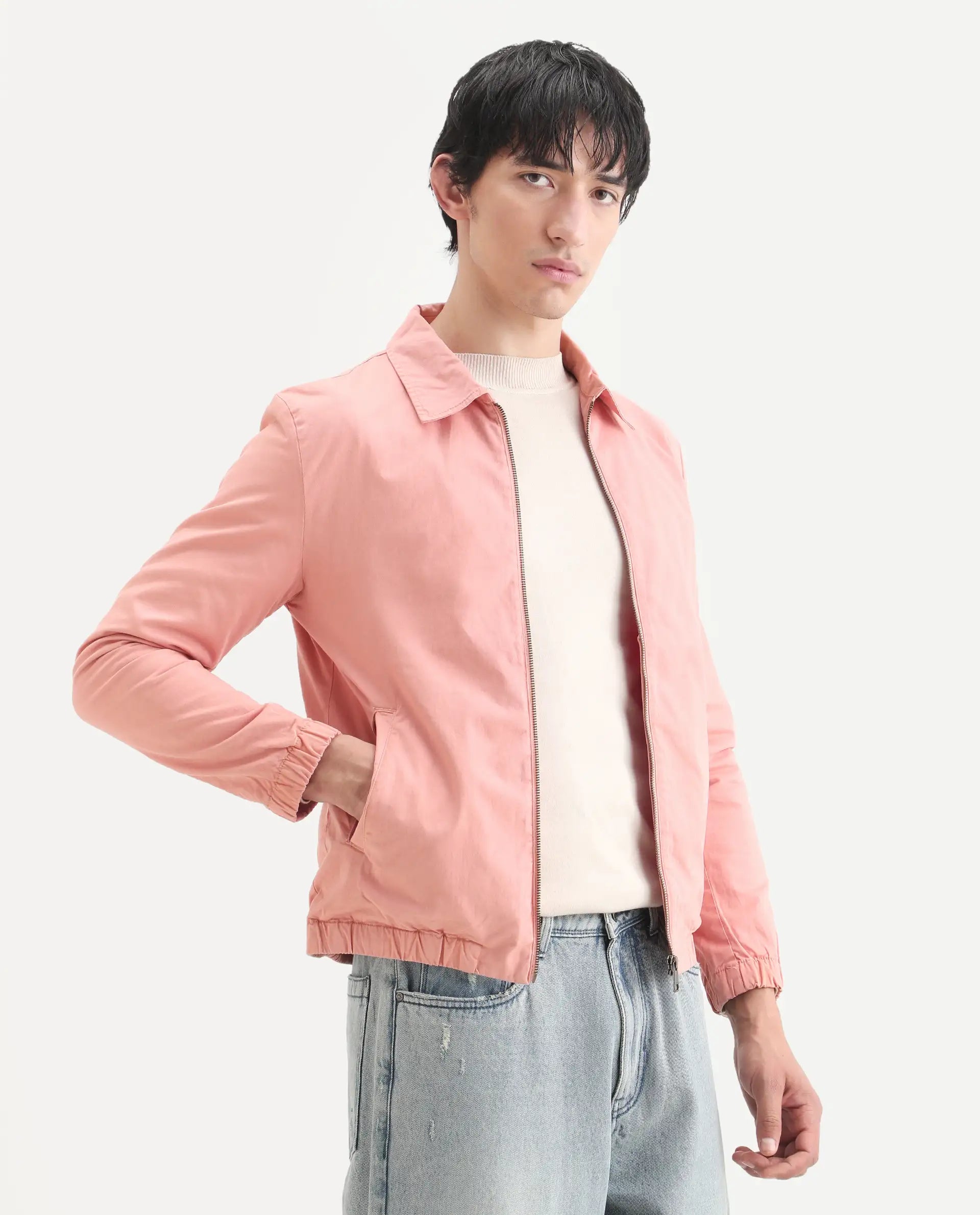 Rare Rabbit Men's Flinsten Dusky Pink Cotton Plain Regular Fit Full Sleeve Spread Collar Jacket