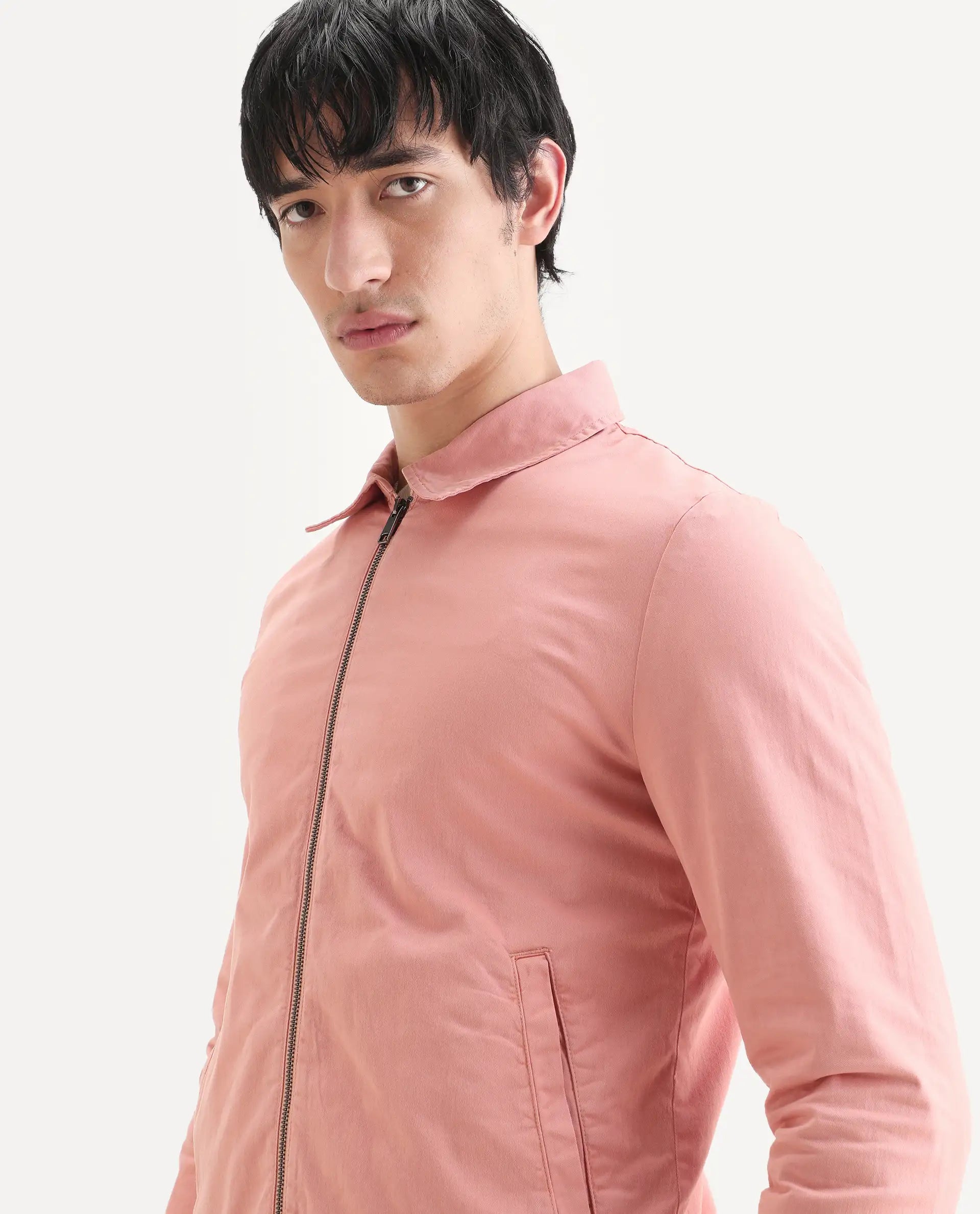 Rare Rabbit Men's Flinsten Dusky Pink Cotton Plain Regular Fit Full Sleeve Spread Collar Jacket